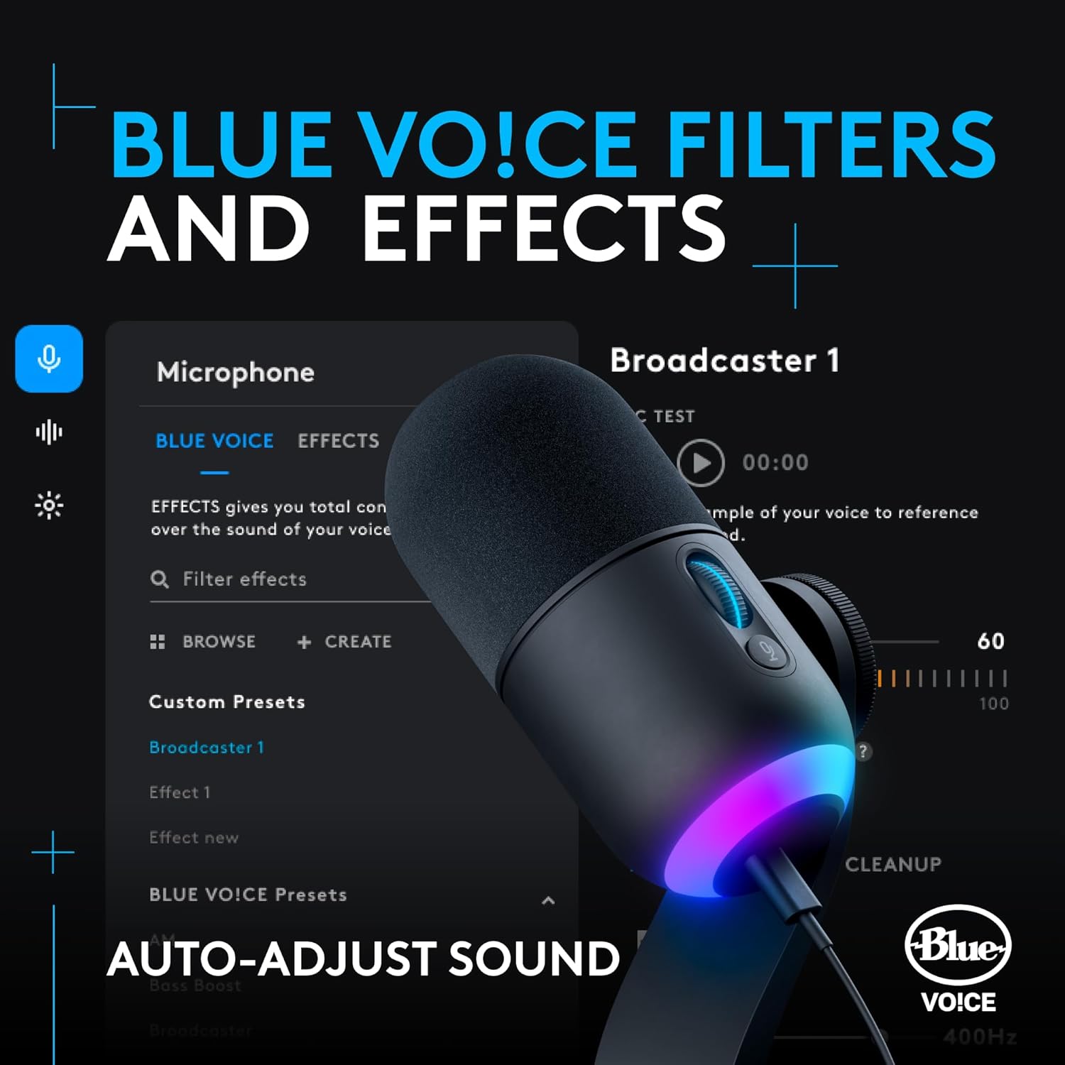 ميكروفون ألعاب ديناميكي Logitech G Yeti GX RGB - USB-C، Supercardioid، 24 بت/96 كيلو هرتز، LIGHTSYNC RGB، Blue VO!CE، عجلة تمرير Gain