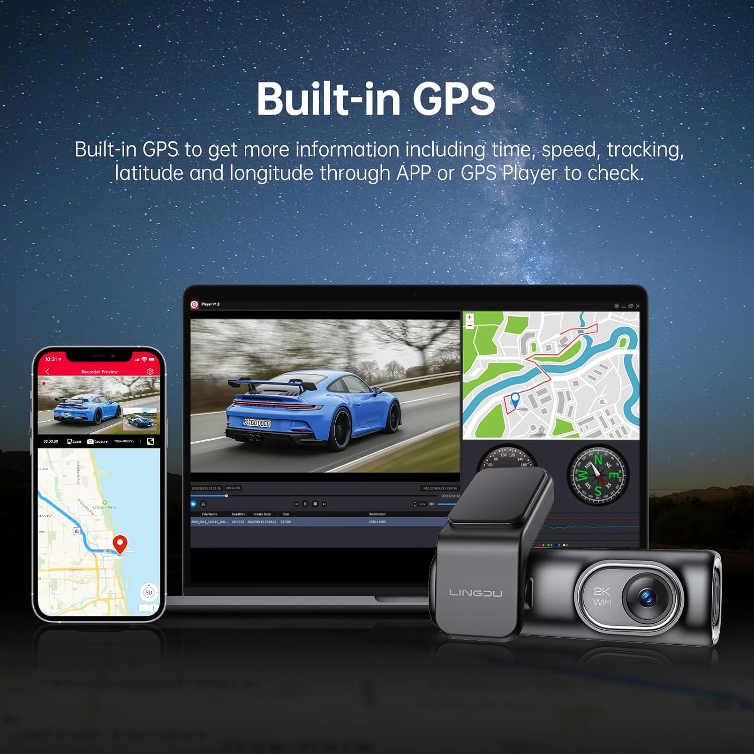 Lingdu D200 2K Dash Cam Front and Rear – Built-in GPS & WiFi, 0.96" LCD Screen, 64GB SD Card Included, Night Vision, Voice Control, Parking Monitor, Loop Recording, G-Sensor