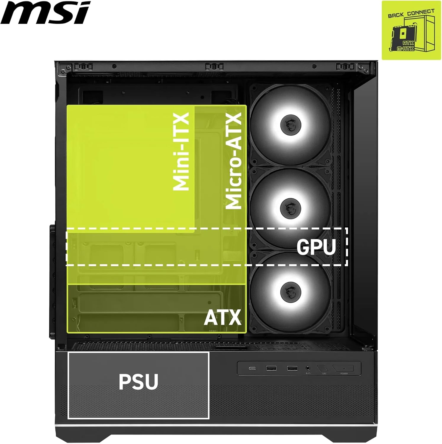 MSI MAG PANO 110R PZ – 270° Panoramic Mid-Tower ATX Case, 400 mm GPU / 160 mm CPU Cooler, USB-C 20 Gbps, 4 ARGB Fans