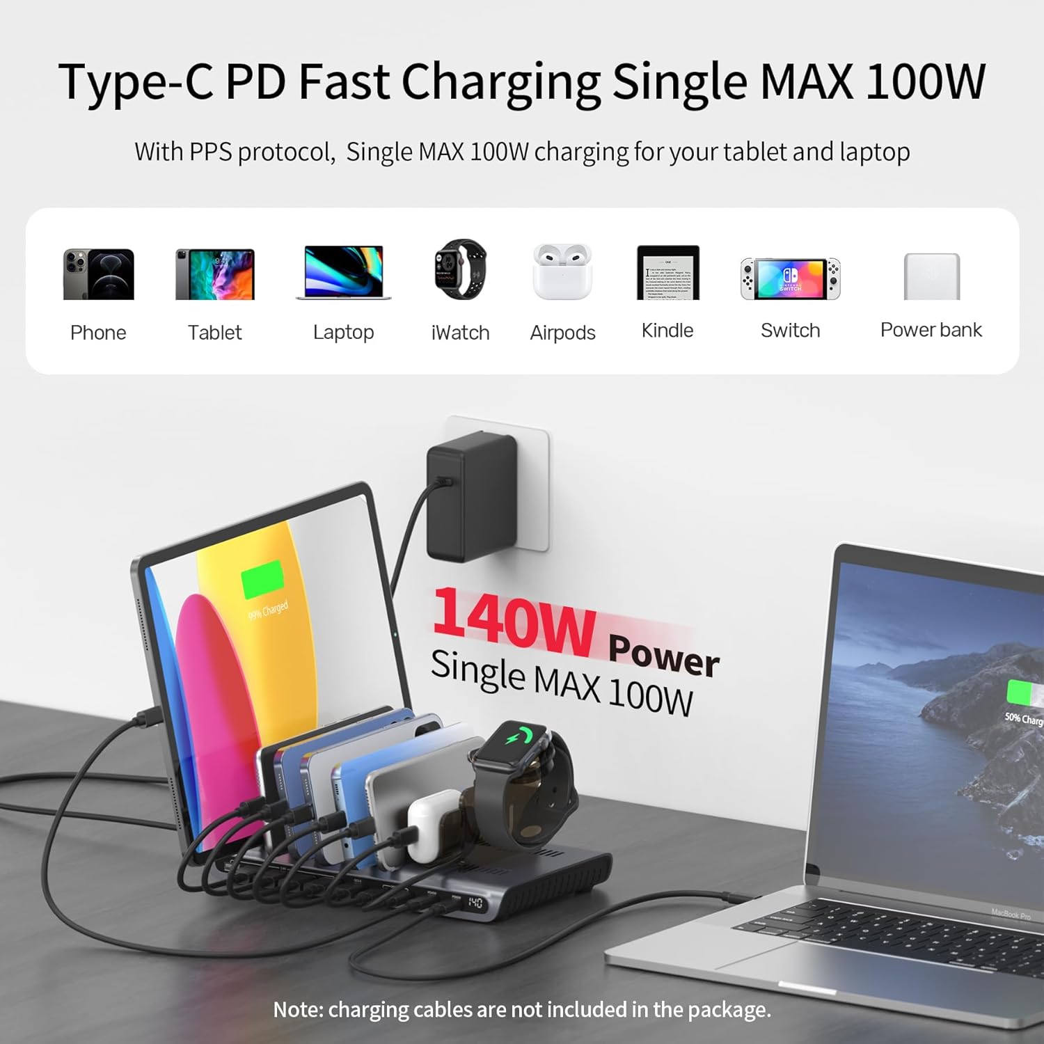 UNITEK 140W USB-C Charging Station for Multiple Devices – Fast Charging Stand with Digital Display, Laptop/iPad/iPhone Charging Dock, Smartwatch & AirPods Holder