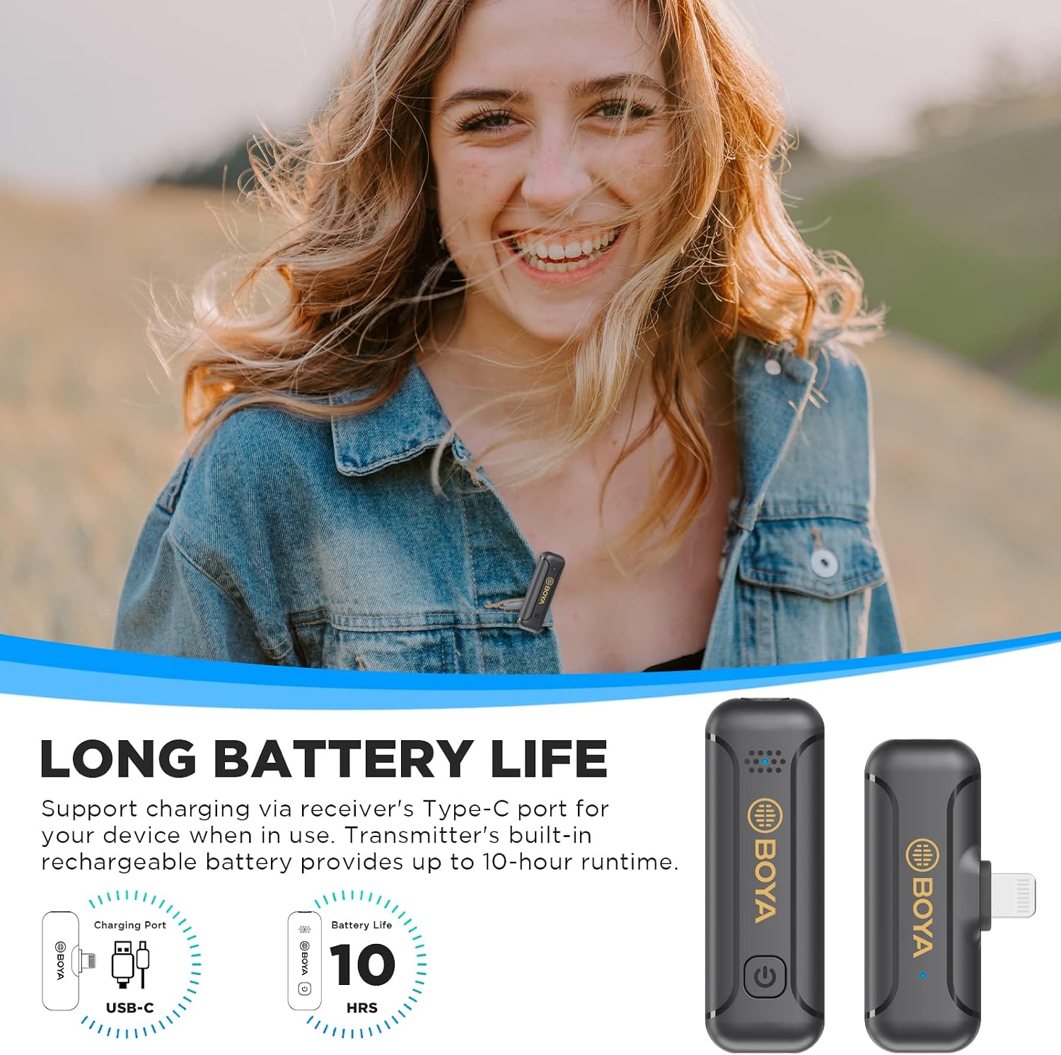 BOYA BY-WM3T2-D1 Wireless Lavalier Microphone for iPhone & iPad , 2.4GHz Wireless , Lightning Receiver , Omnidirectional Mic , Noise Cancellation , 50m Range , 10H Battery Life , Plug & Play