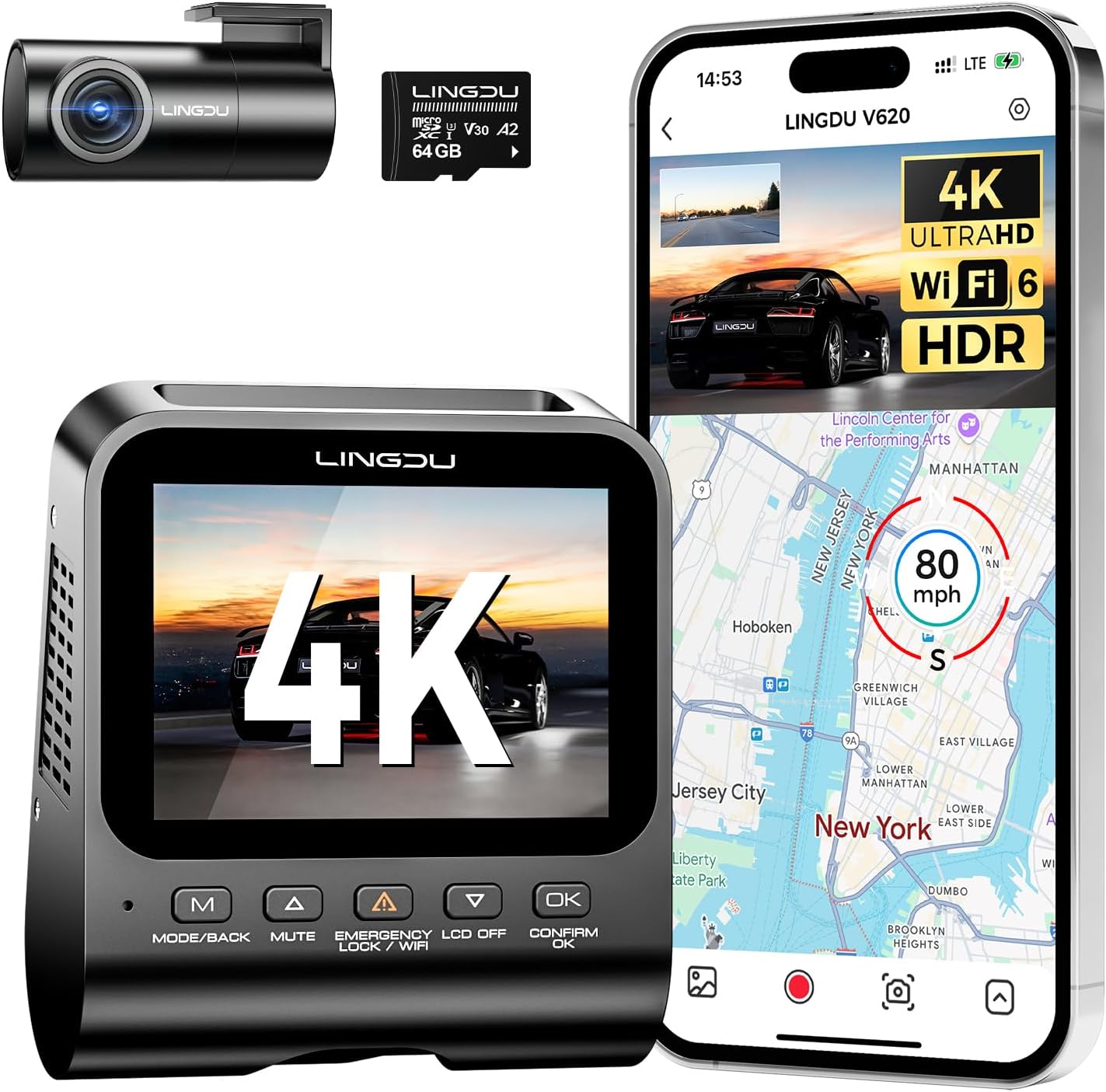 Lingdu V620 4K Front and Rear Dash Cam – WiFi6, 4K+1K HDR, 64GB Card Included, Voice Control, ADAS, GPS, Night Vision, Motion Detection, 24H Parking Mode, Upgraded Timeline Playback APP