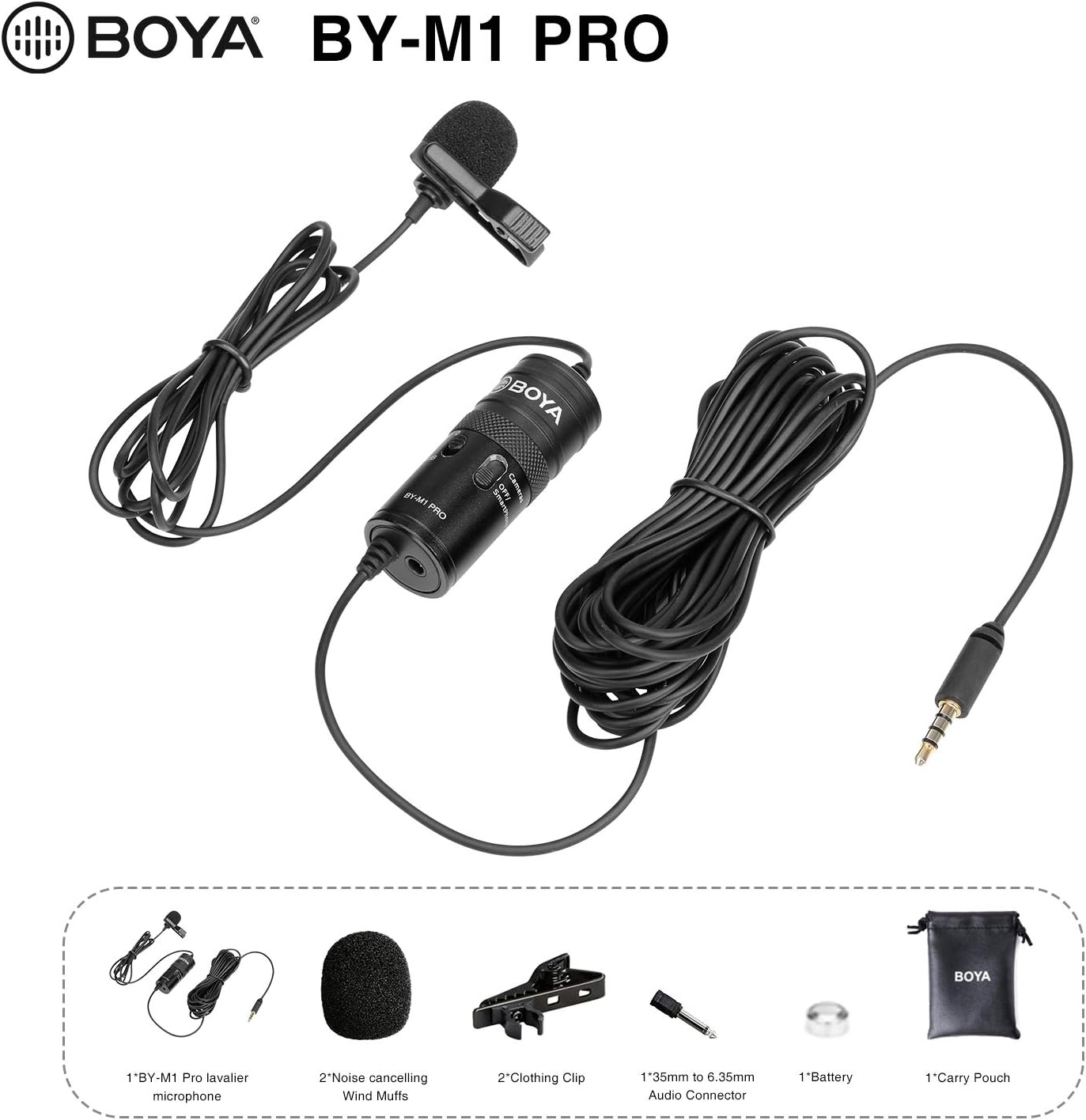 ميكروفون BOYA BY-M1 Pro Lavalier - ميكروفون AUX بمشبك مع مخرج سماعة رأس مدمج للكاميرات والهواتف الذكية وأجهزة الكمبيوتر المحمولة
