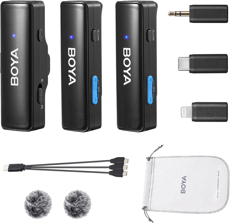 BOYA BOYALINK A2 Wireless Lavalier Microphone for iPhone/Android/Camera Vlogging, All-in-One Lapel Dual Mic System & Lightning & USB-C Inputs for Smartphones/DSLR YouTube Facebook Live