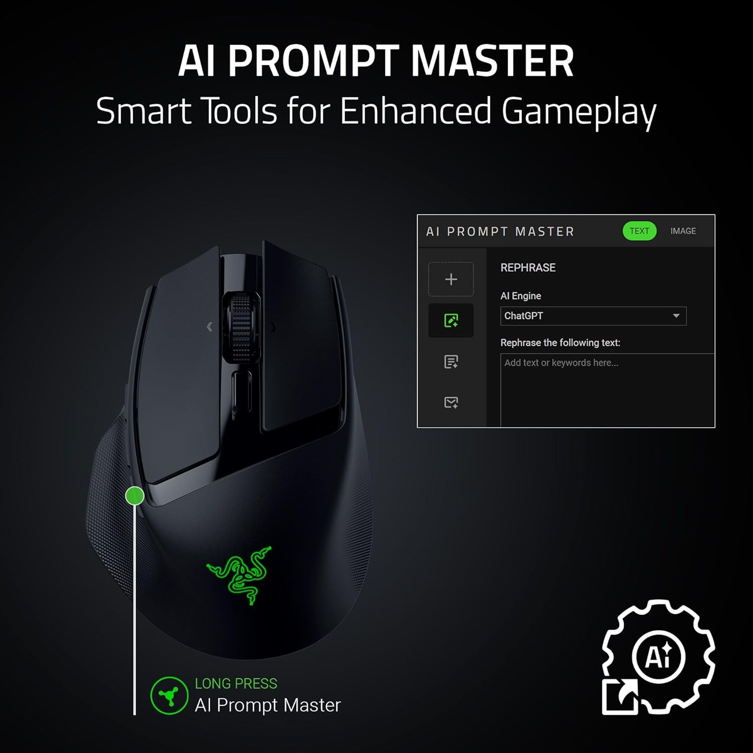 Razer Basilisk Mobile - Small Portable Ergonomic Wireless Gaming Mouse - AI Prompt Master - Focus X 18K Sensor (Tri-Mode Connectivity, Up to 105 Hour, Mouse Switches Gen-3)