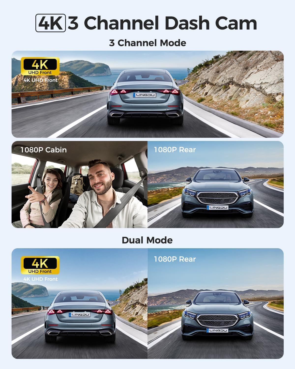 كاميرا داش لينغدو V630 بثلاث قنوات بدقة 4K، كاميرا أمامية 4K + كاميرتان خلفيتان بدقة 1080 بكسل، واي فاي 6 ونظام تحديد المواقع GPS، رؤية ليلية WDR، وضع وقوف السيارات 24 ساعة، بطاقة 64 جيجابايت مرفقة.