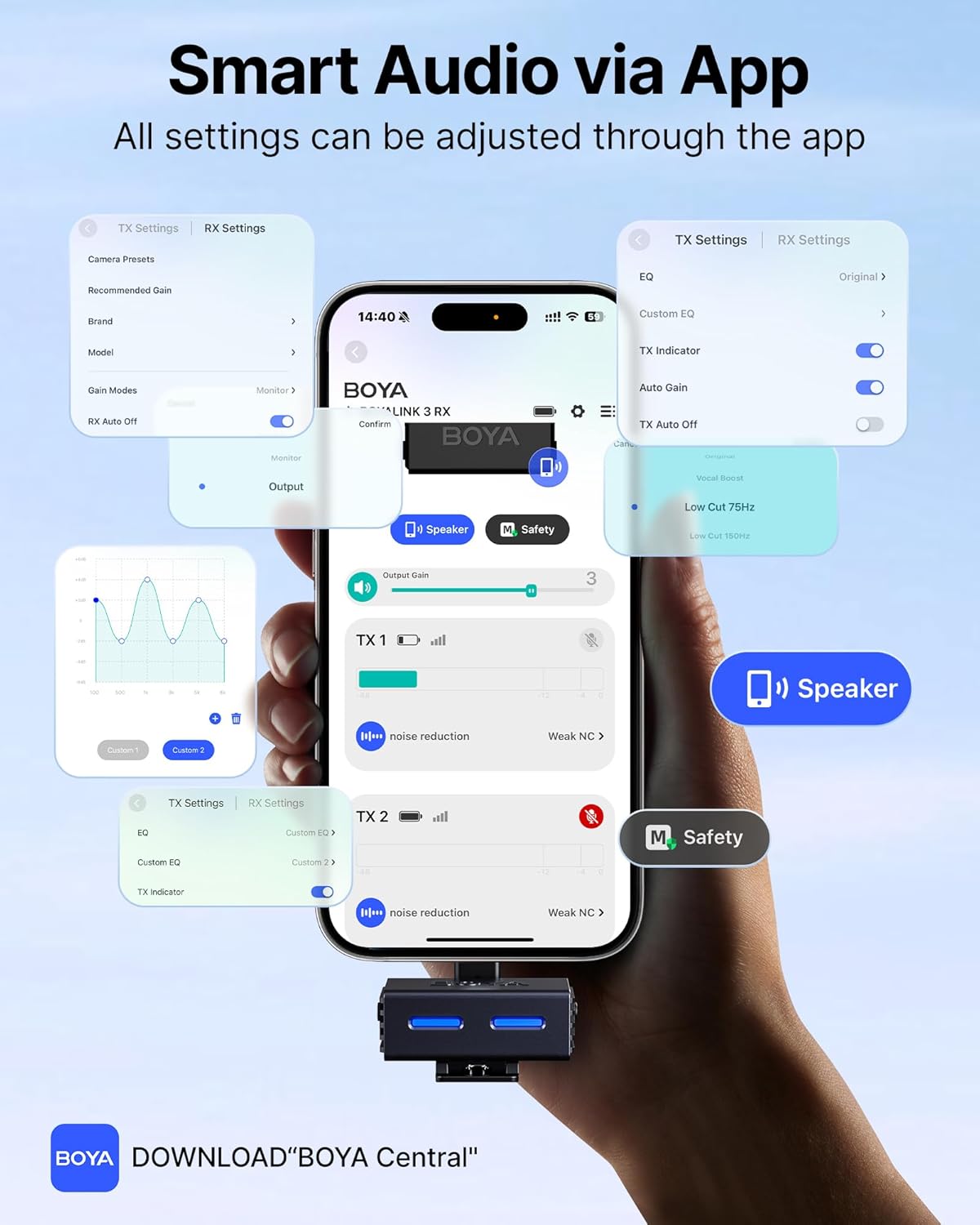 BOYA BOYALINK 3 Wireless Lavalier Microphone System for iPhone, Android, PC & Camera – 48kHz/24‑Bit Studio Sound, AI Noise Cancellation, APP Control, 984 ft Range, 30h Battery with Charging Case
