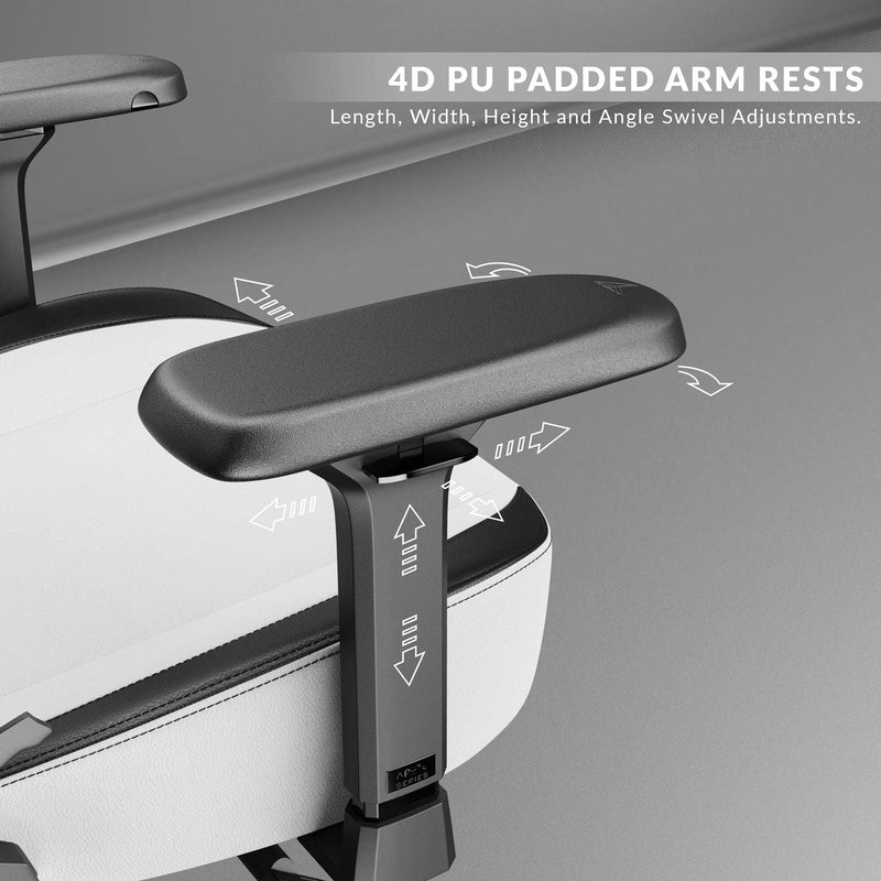 سايبارت | كرسي ألعاب/مكتب أبيض قطبي | مسند ذراع 4D | دعم قطني مدمج | جلد PU فائق الجودة، مريح، قابل للإمالة والإمالة