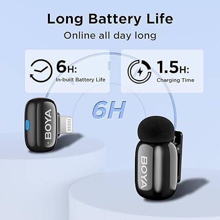 BOYA Mini-16 Ultra-Compact 2.4 GHz Wireless Microphone System – Lightning Connector for iOS, 48 kHz/16-Bit Audio, 6 h Battery