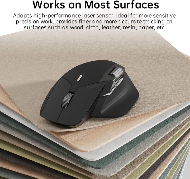 Rapoo MT760 Multi-Device Wireless Mouse, Bluetooth 5.0 and 2.4G Multi-Mode Connection, Up to 4 Devices, 11 Programmable Buttons, 4K DPI, 90 Days Battery Life, PC, Matte Black