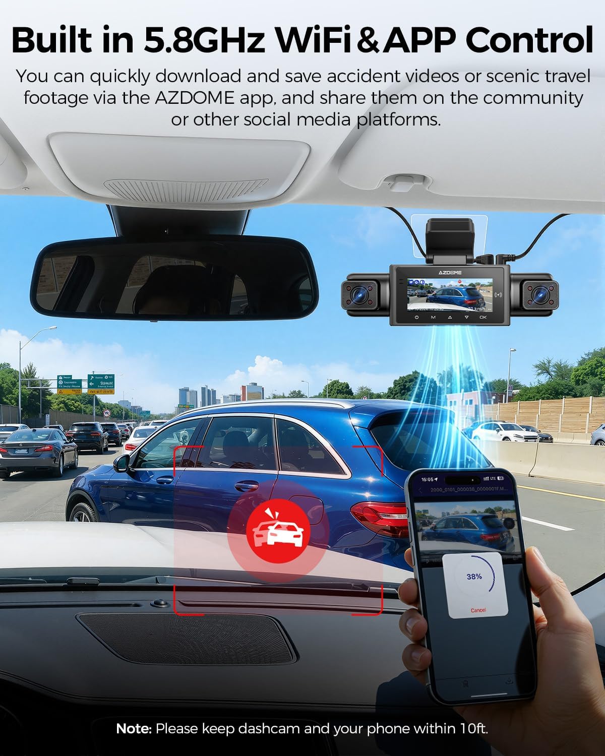 AZDOME M350 4-Channel 360° Dash Cam, 2.5K Front + 1080P Rear & Inside Cameras, GPS, Wi-Fi, IR Night Vision, Voice Control, Supercapacitor, Apple CarPlay Support