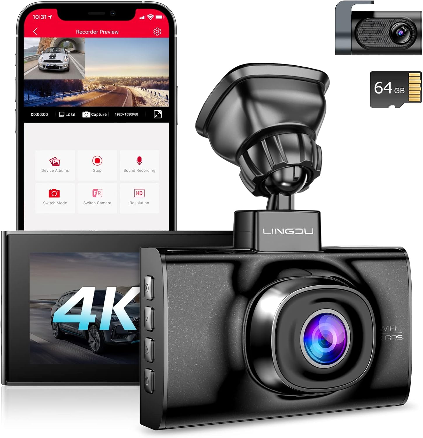 Lingdu LD02Lite 4K+1080P Front and Rear Dash Cam – Voice Control, 5G WiFi, GPS, Parking Monitor, 170° Wide Angle, Night Vision, Loop Recording, G-Sensor, 64GB Card Included