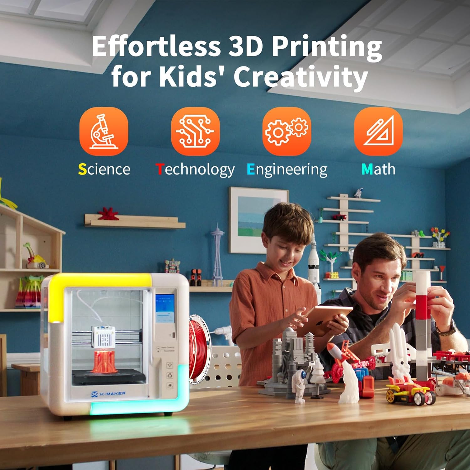 AOSEED X-Maker 3D Printer for Kids and Beginners, Fully Assembled High-Speed 3D Printer with 8 PLA Filament Set, Leveling-Free Bed, Wi-Fi Printing, Resume Printing, Silent, High Precision, with App