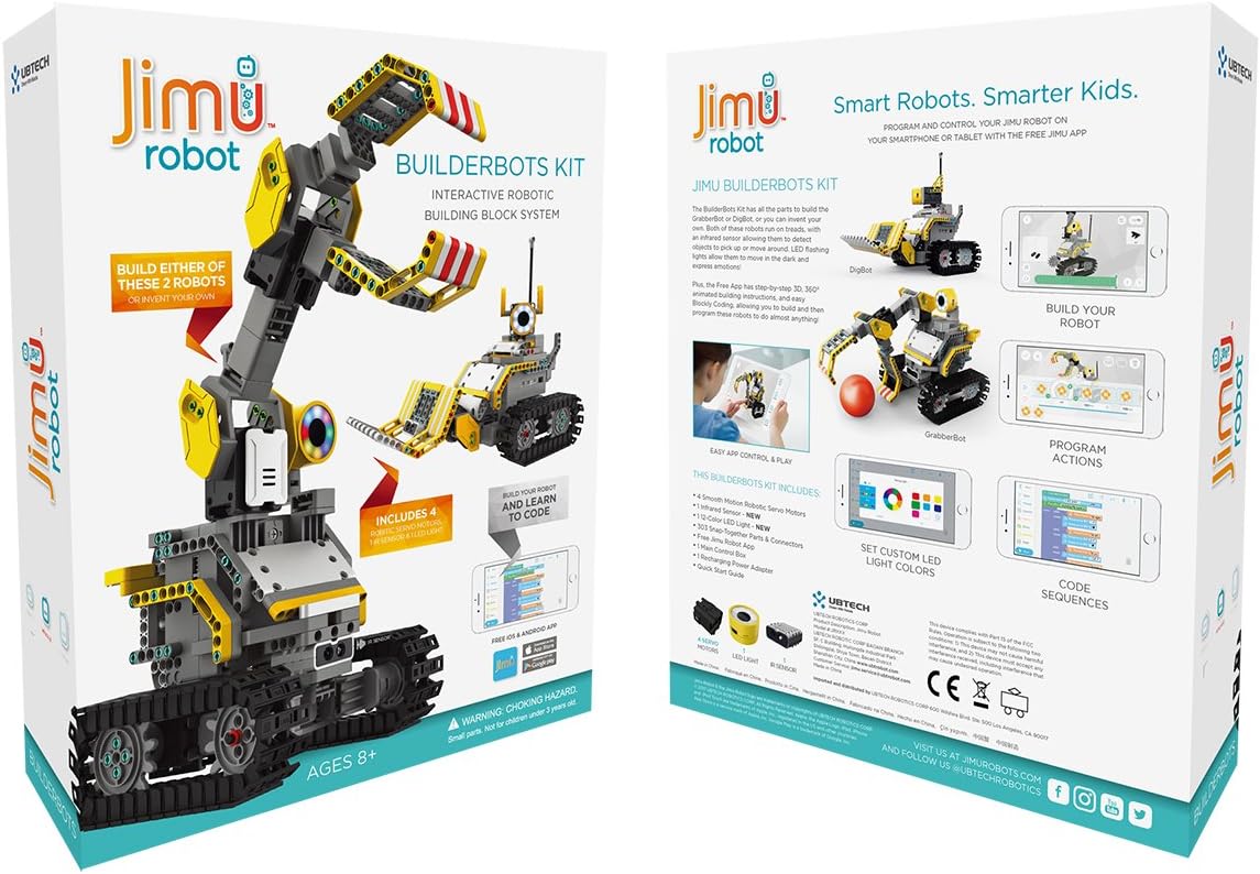 UBTECH JIMU Robot BuilderBots Kit – طقم بناء وبرمجة GrabberBot أو DigBot مع 357 قطعة، حساسات وبرمجة Blockly