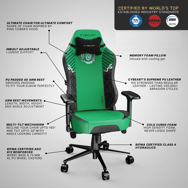 CYBEART | Slytherin Gaming/Office Chair - Harry Potter | 4D Armrest | Inbuilt Lumbar Support | Supreme PU Leather, Ergonomic, Recline & Tilt