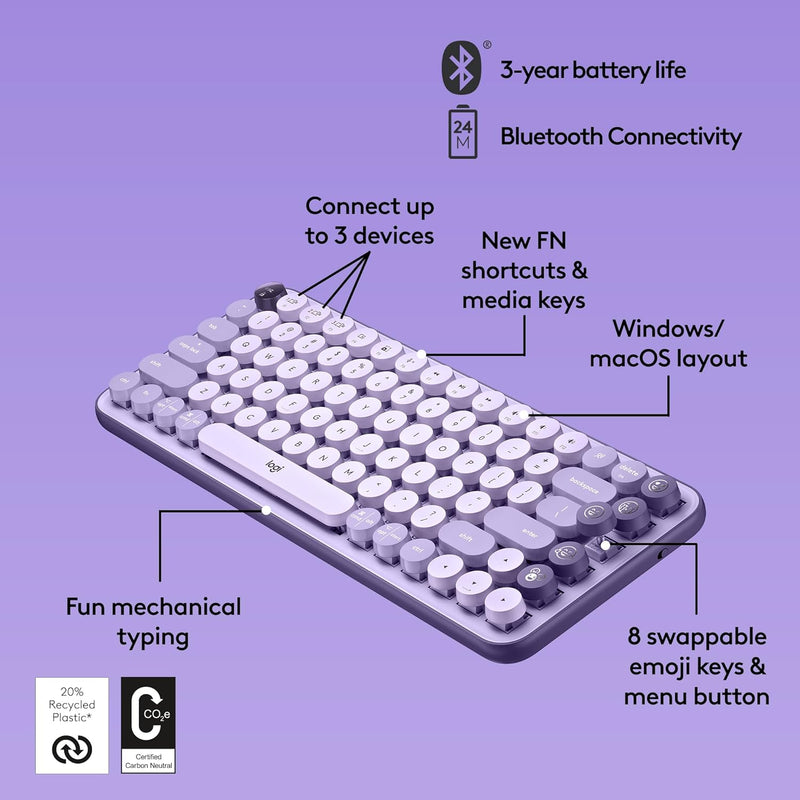 Logitech POP Keys Mechanical Wireless Keyboard with Customizable Emoji Keys, Durable Compact Design, Bluetooth or USB Connectivity, Multi-Device, OS Compatible - Cosmos