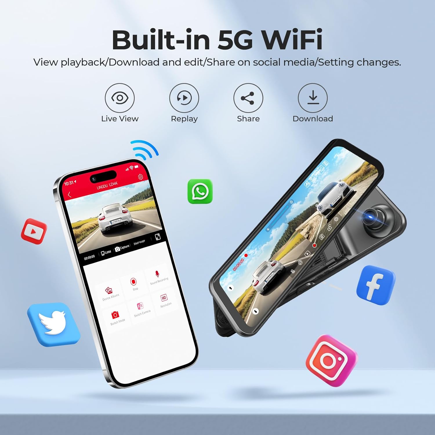 Lingdu 12" 4K Rear View Mirror Dash Cam – Dual Front & Rear (4K+1080P), 5G WiFi, GPS, Voice Control, 64GB Card Included, Loop Recording, G-Sensor, WDR Night Vision, 24H Parking Mode