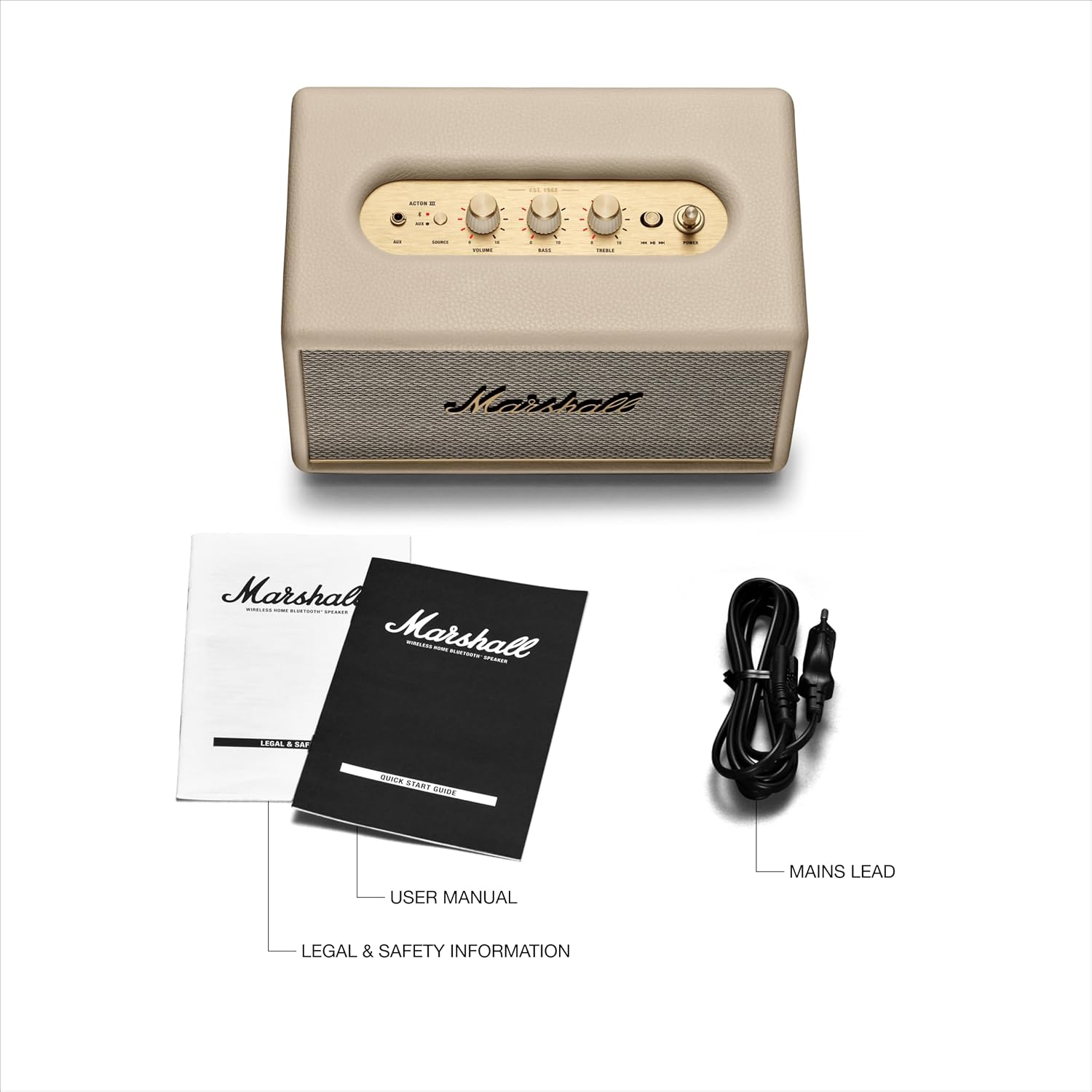 مكبر صوت Marshall Acton III Bluetooth المنزلي - صوت ستيريو عالٍ مع تحكم في الجهير والطبقات العالية، يعمل بالكهرباء، مدخل مساعد 3.5 مم