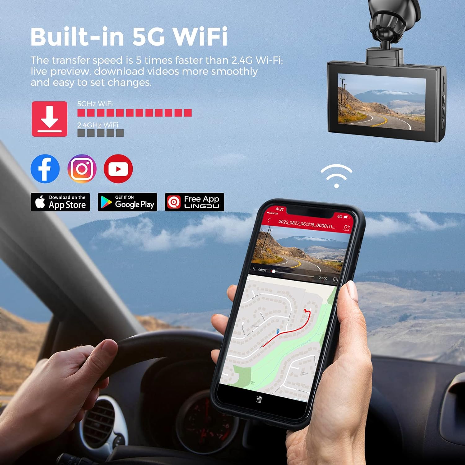 Lingdu LD02Lite 4K+1080P Front and Rear Dash Cam – Voice Control, 5G WiFi, GPS, Parking Monitor, 170° Wide Angle, Night Vision, Loop Recording, G-Sensor, 64GB Card Included