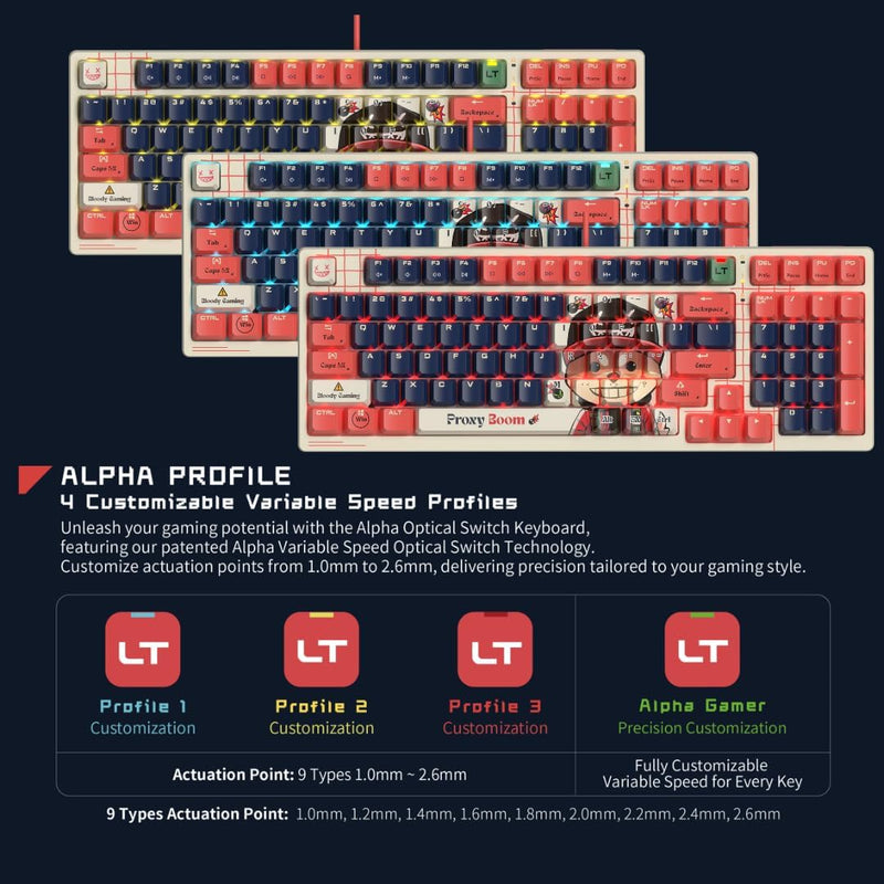 Bloody AT98 Alpha Optical Switch Performance Keyboard - Adjustable Actuation Point, Gaming PBT Keycaps, 7 RGB Backlit Effects