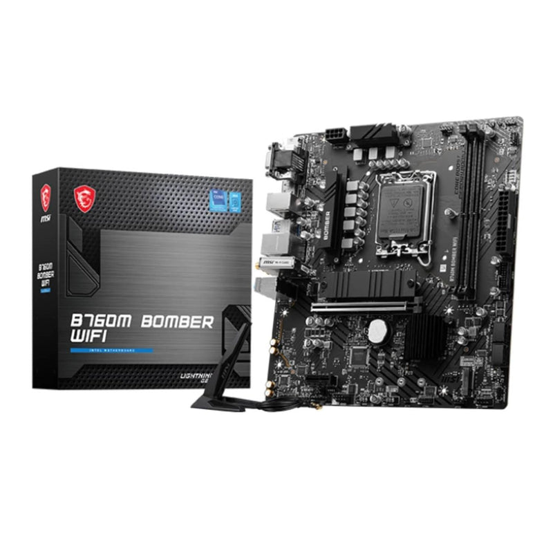 MSI B760M BOMBER WIFI Motherboard, Micro-ATX - Supports 14th/13th/12th Gen Intel Core Processors, LGA 1700 - DDR5 Memory Boost 6400MHz/MAX, PCIe 4.0 x16 Slot, M.2 Gen4 Slot