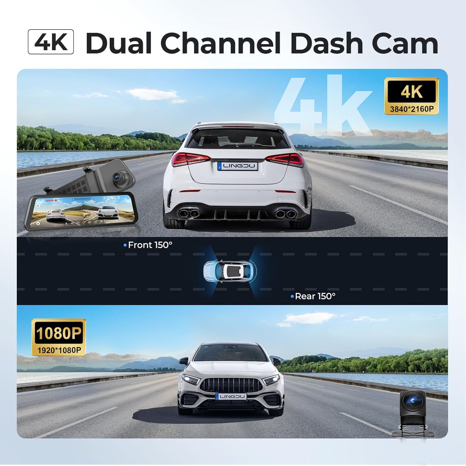 Lingdu 12" 4K Rear View Mirror Dash Cam – Dual Front & Rear (4K+1080P), 5G WiFi, GPS, Voice Control, 64GB Card Included, Loop Recording, G-Sensor, WDR Night Vision, 24H Parking Mode