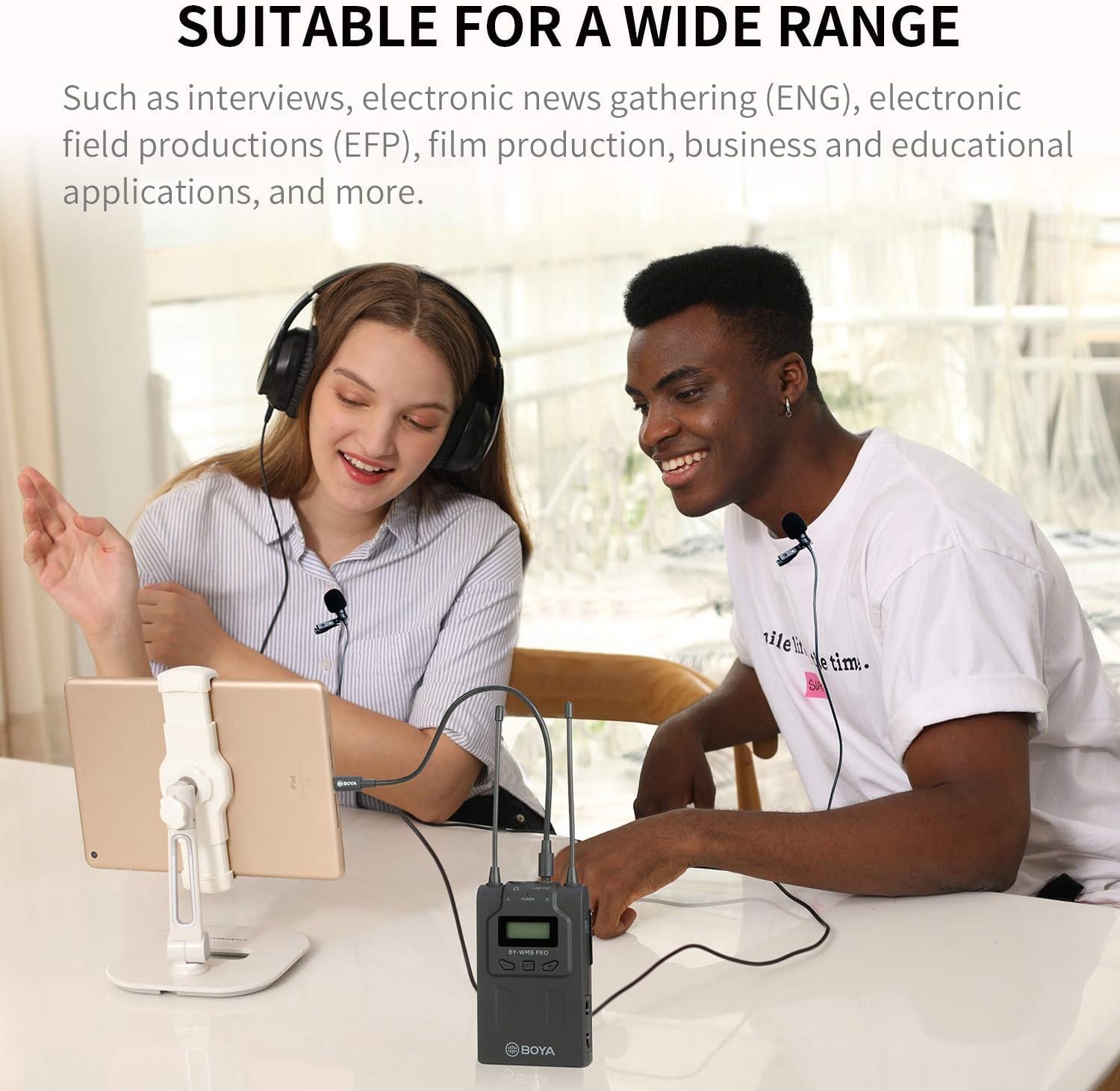 نظام ميكروفون لاسلكي ثنائي القناة BOYA BY‑WM8 Pro-K2 UHF - مستقبل 48 قناة، محمول باليد + لافالير، شاشة LCD، مقبس سماعة رأس