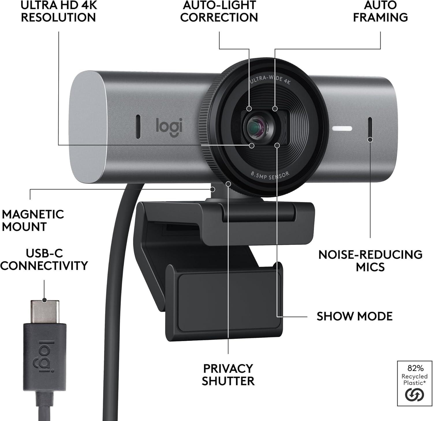 Logitech MX Brio 4K Webcam – AI‑Enhanced Ultra HD, USB‑C, Dual Beamforming Mics, Show Mode & Privacy Shutter
