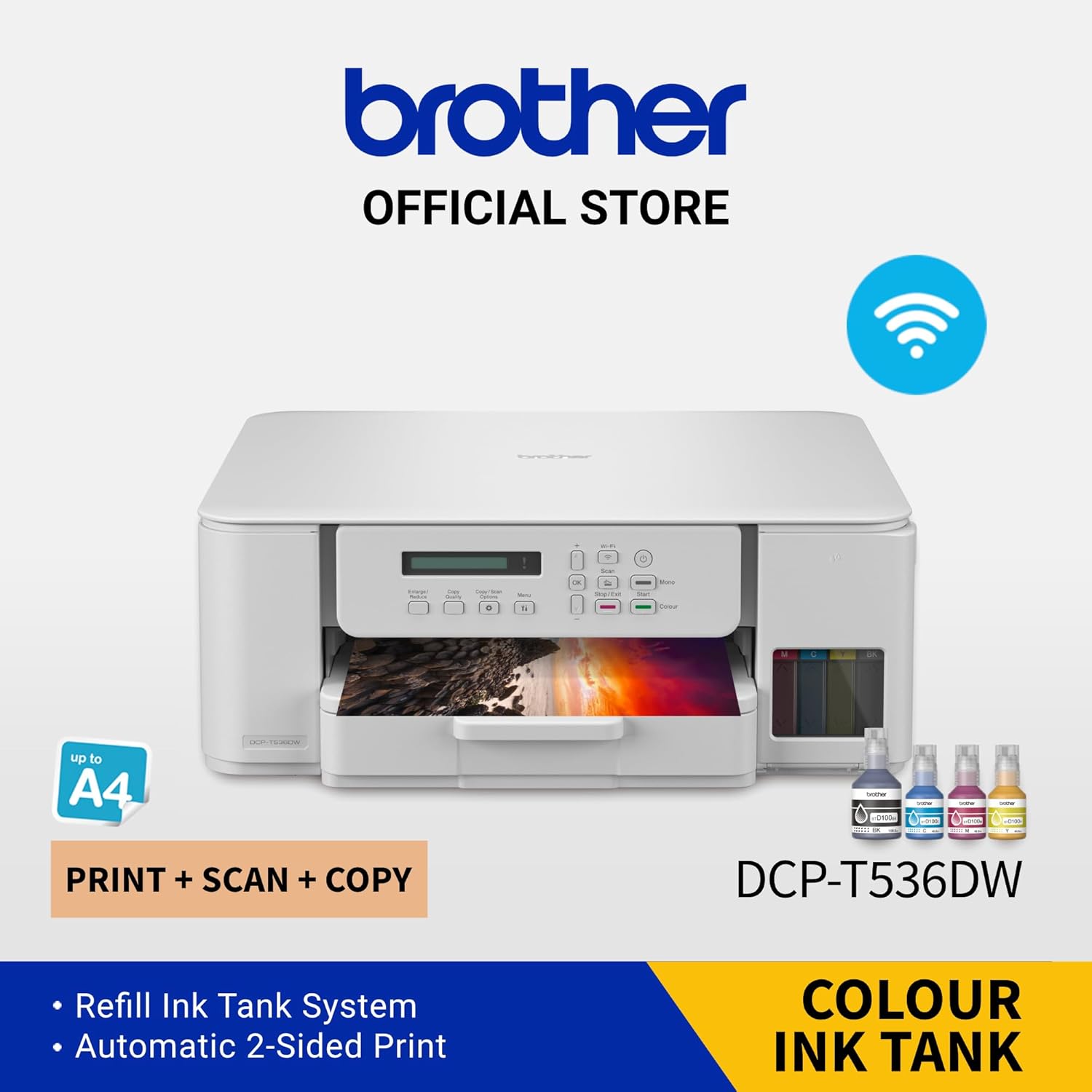طابعة براذر اللاسلكية المتكاملة، DCP-T536DW، طباعة تلقائية على الوجهين، طباعة لاسلكية ومن الجوال، تصميم صغير الحجم، أبيض