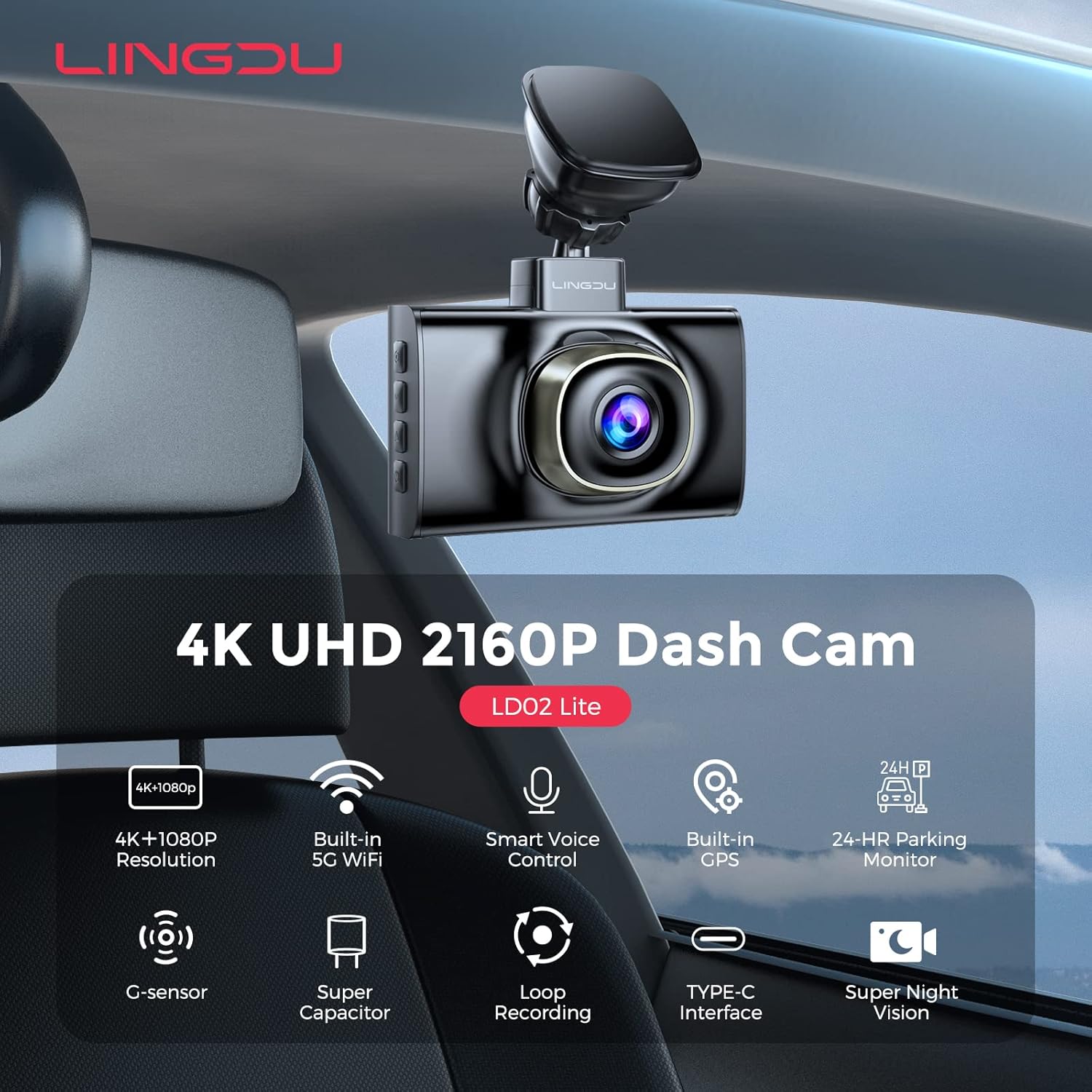 Lingdu LD02Lite 4K+1080P Front and Rear Dash Cam – Voice Control, 5G WiFi, GPS, Parking Monitor, 170° Wide Angle, Night Vision, Loop Recording, G-Sensor, 64GB Card Included