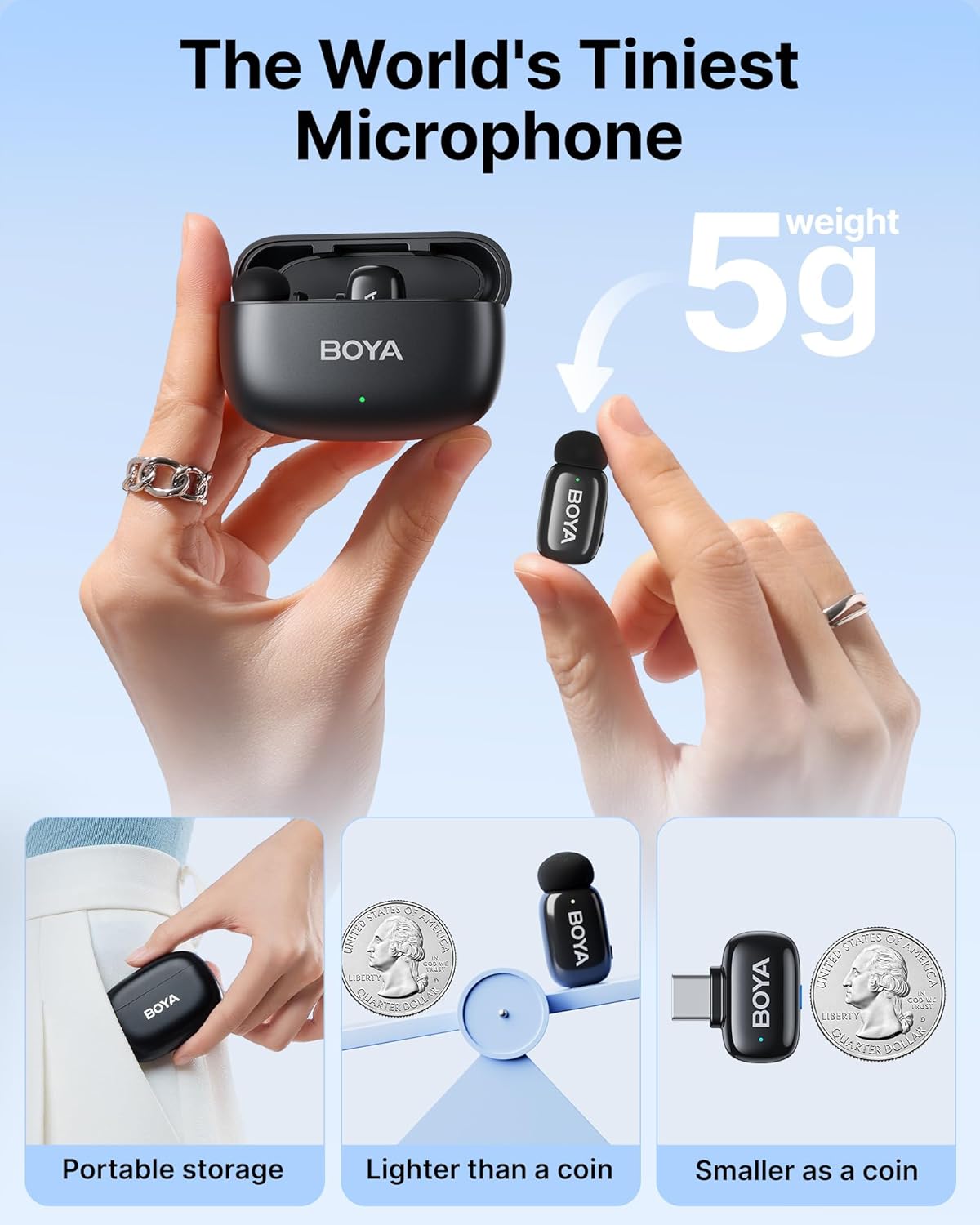 BOYA Mini Ultra-Mini Wireless Lavalier Mic – 16-Bit USB-C & Lightning, 100 m 2.4 GHz Transmit, 6 h Battery + Charging Case, AI Noise Cancelling