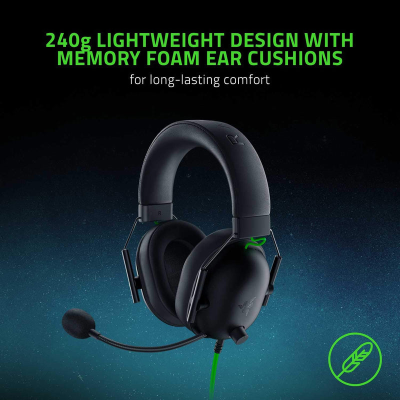 سماعة رأس Razer BlackShark V2 X USB سلكية للألعاب فوق الأذن، صوت محيطي 7.1، مشغلات 50 ملم، خفيفة الوزن 240 جرام، ميكروفون عازل للضوضاء، وسائد إسفنجية الذاكرة الهجينة - أسود