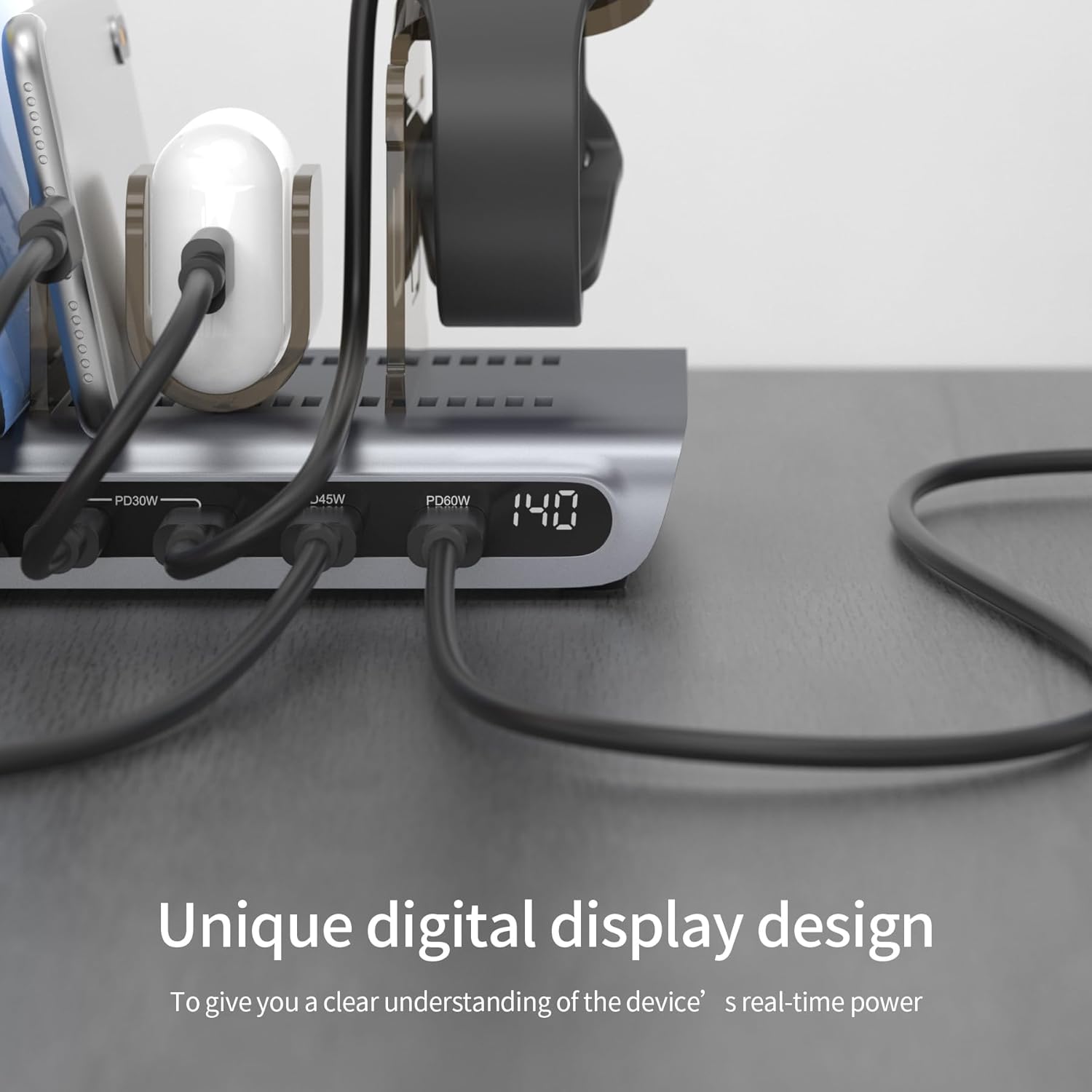 UNITEK 140W USB-C Charging Station for Multiple Devices – Fast Charging Stand with Digital Display, Laptop/iPad/iPhone Charging Dock, Smartwatch & AirPods Holder