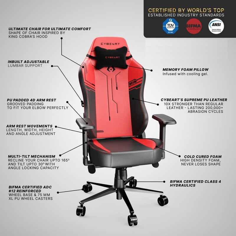 CYBEART | Apex Signature Edition (Red) Gaming/Office Chair | 4D Armrest | Inbuilt Lumbar Support | Supreme PU Leather, Ergonomic, Recline & Tilt