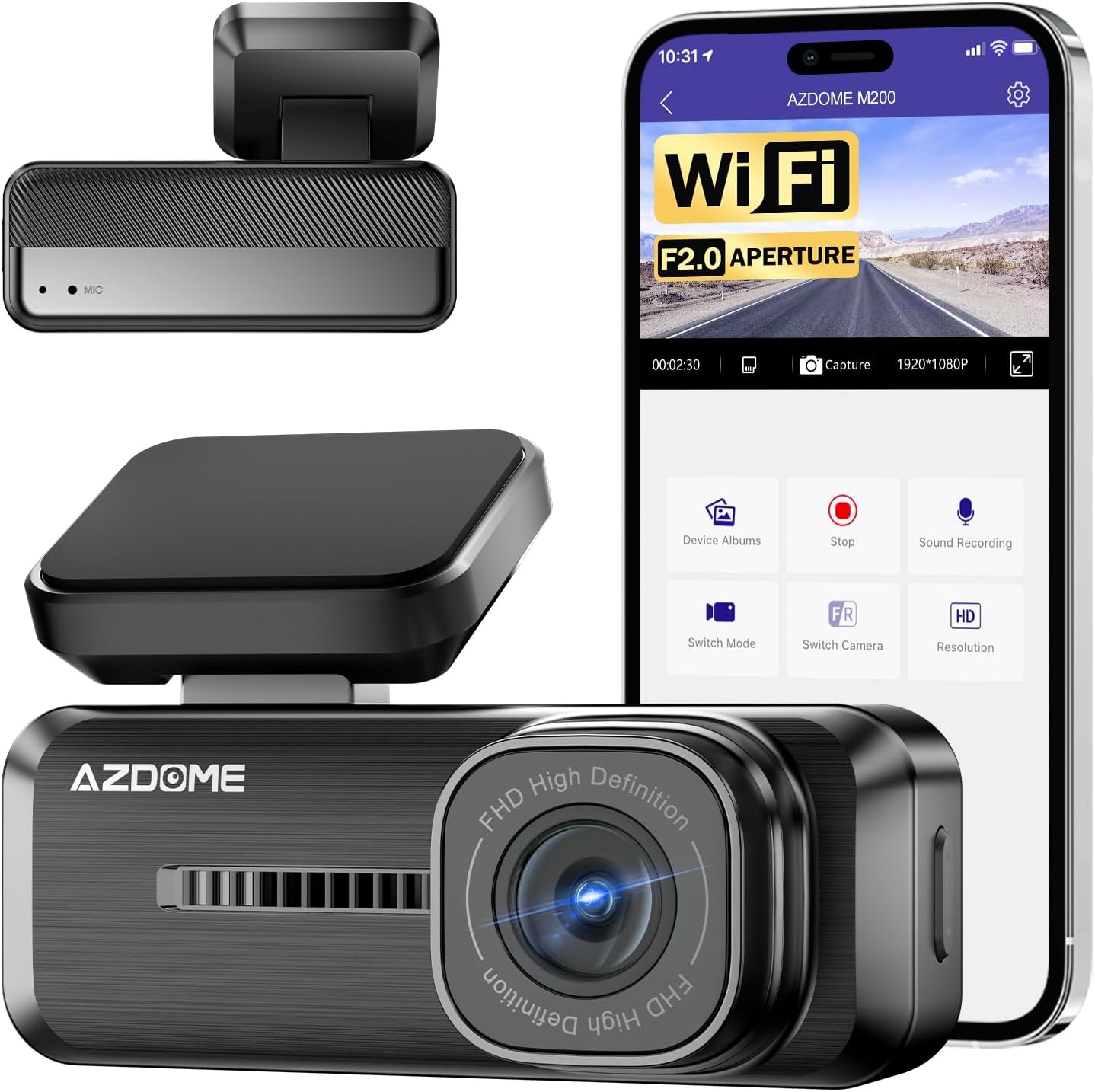 AZDOME M200 1080P WiFi Mini Dash Cam – Hidden Front Car Camera with Night Vision, G-Sensor, 24H Parking Mode, Loop Recording, AZDOME App Support, Up to 128GB