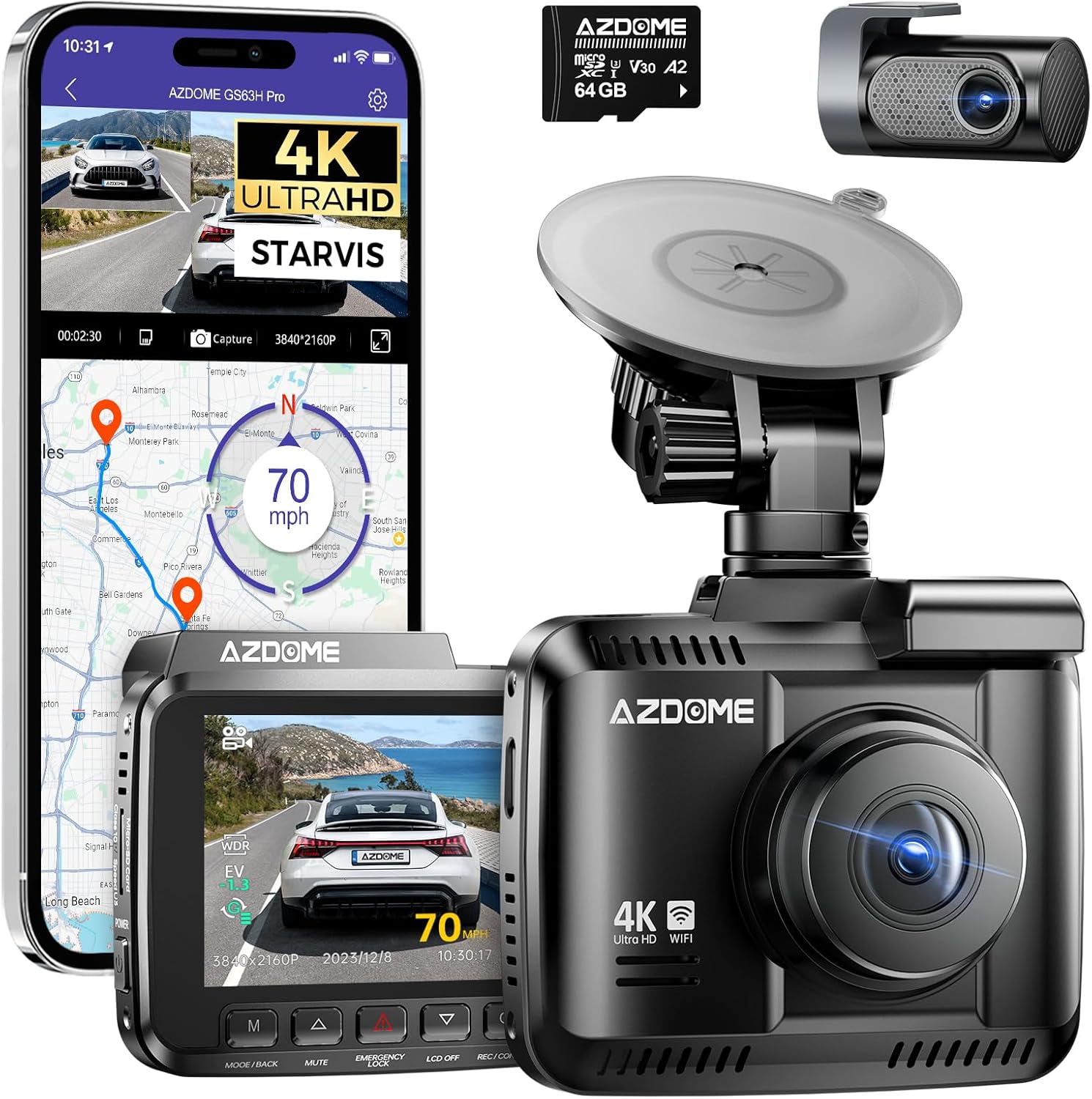 AZDOME GS63H Pro 4K Dual‑Channel Dash Cam – Front 4K + Rear 1080p, Sony IMX335 WDR, GPS, Wi‑Fi 6, ADAS, 24‑hr Parking Mode, 2.4″ IPS Screen