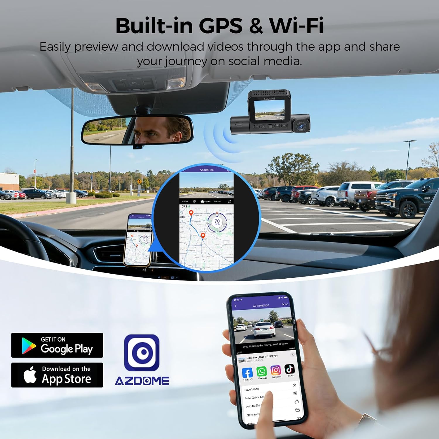 AZDOME S58 3 Channel 4K Dash Cam with 4G LTE, Front Rear & Inside Car Camera, 2K+1K+1K Recording, Built-in GPS & WiFi 6, Parking Mode, G-Sensor, WDR, Includes Hardwire Kit & OBD