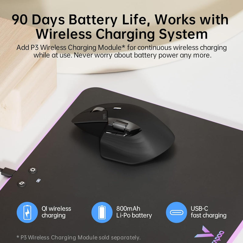 Rapoo MT760 Multi-Device Wireless Mouse, Bluetooth 5.0 and 2.4G Multi-Mode Connection, Up to 4 Devices, 11 Programmable Buttons, 4K DPI, 90 Days Battery Life, PC, Matte Black