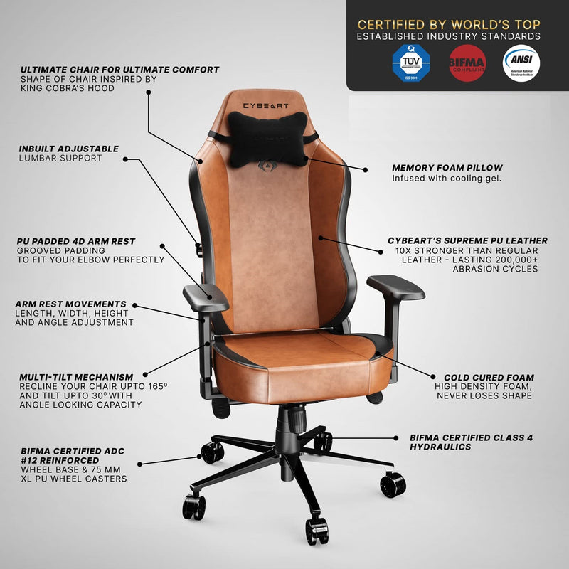 Cybeart | Vintage (Brown) Gaming/Office Chair | 4D Armrest | Inbuilt Lumbar Support | Supreme PU Leather, Ergonomic, Recline & Tilt