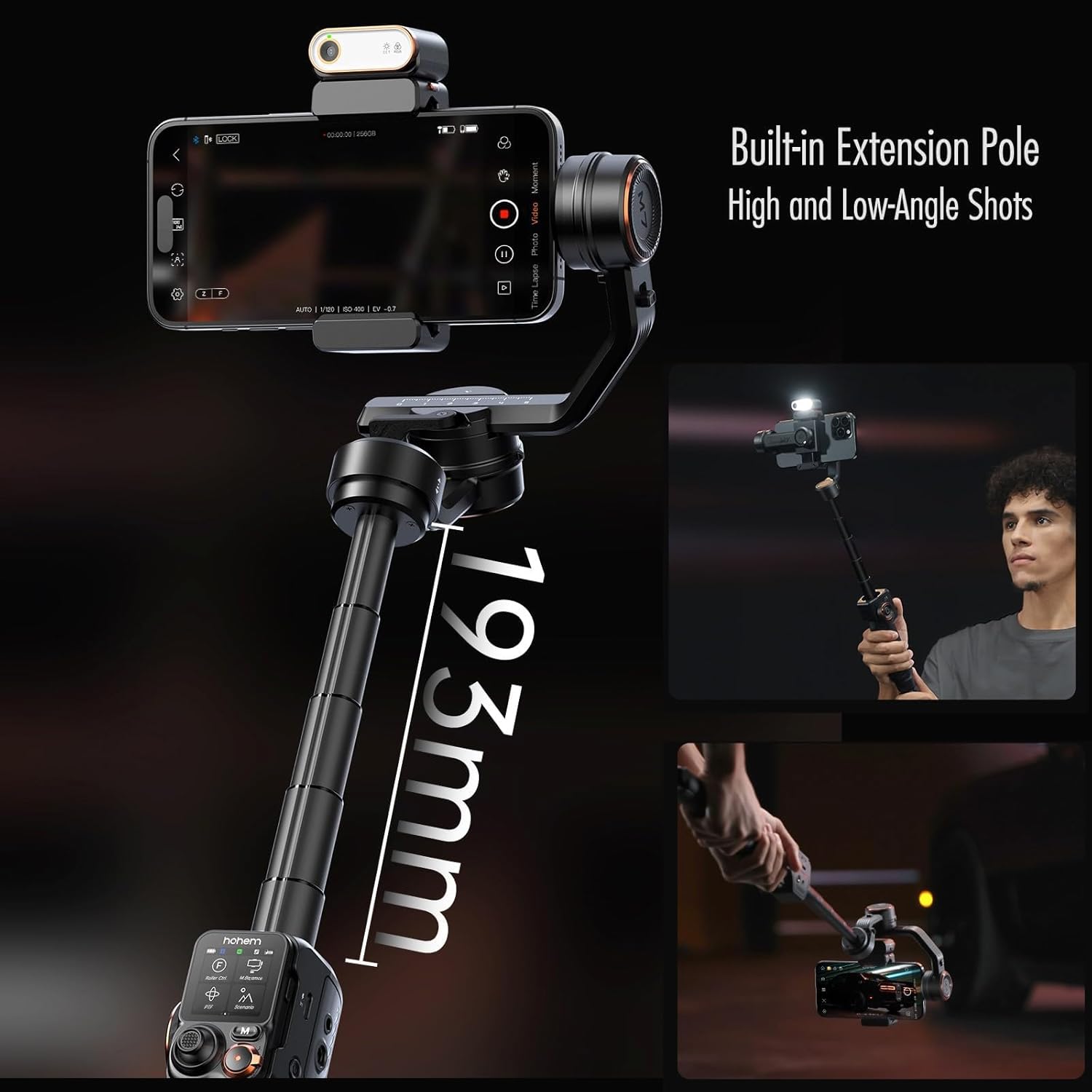 Hohem iSteady M7 AI-Tracking Smartphone Gimbal – 500 g Payload, Detachable 1.4″ Touchscreen Remote, RGB Fill Light, 12 h Battery, 360° Pan