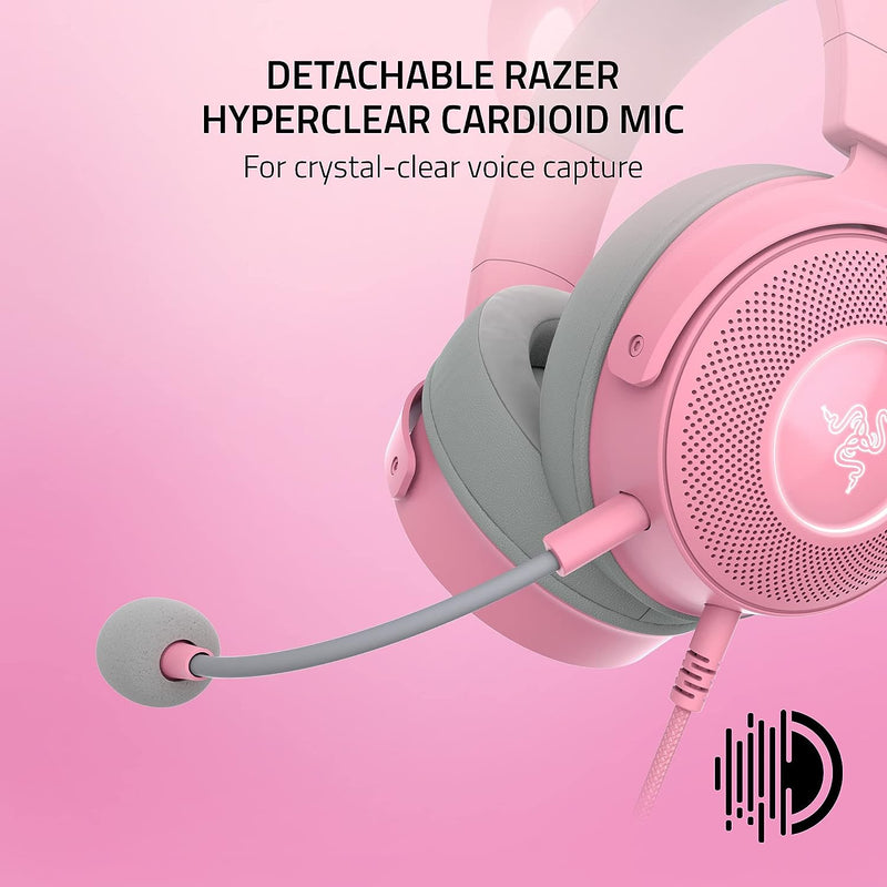 سماعة الرأس Razer Kraken Kitty V2 Pro السلكية RGB: آذان قابلة للتبديل (كيتي، الدب، الأرنب) - بث الإضاءة التفاعلية - ميكروفون قلبي فائق الوضوح قابل للفصل - محركات 50 مم - صوت محيطي 7.1