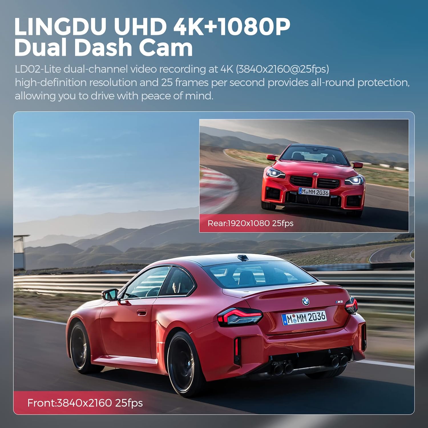 Lingdu LD02Lite 4K+1080P Front and Rear Dash Cam – Voice Control, 5G WiFi, GPS, Parking Monitor, 170° Wide Angle, Night Vision, Loop Recording, G-Sensor, 64GB Card Included