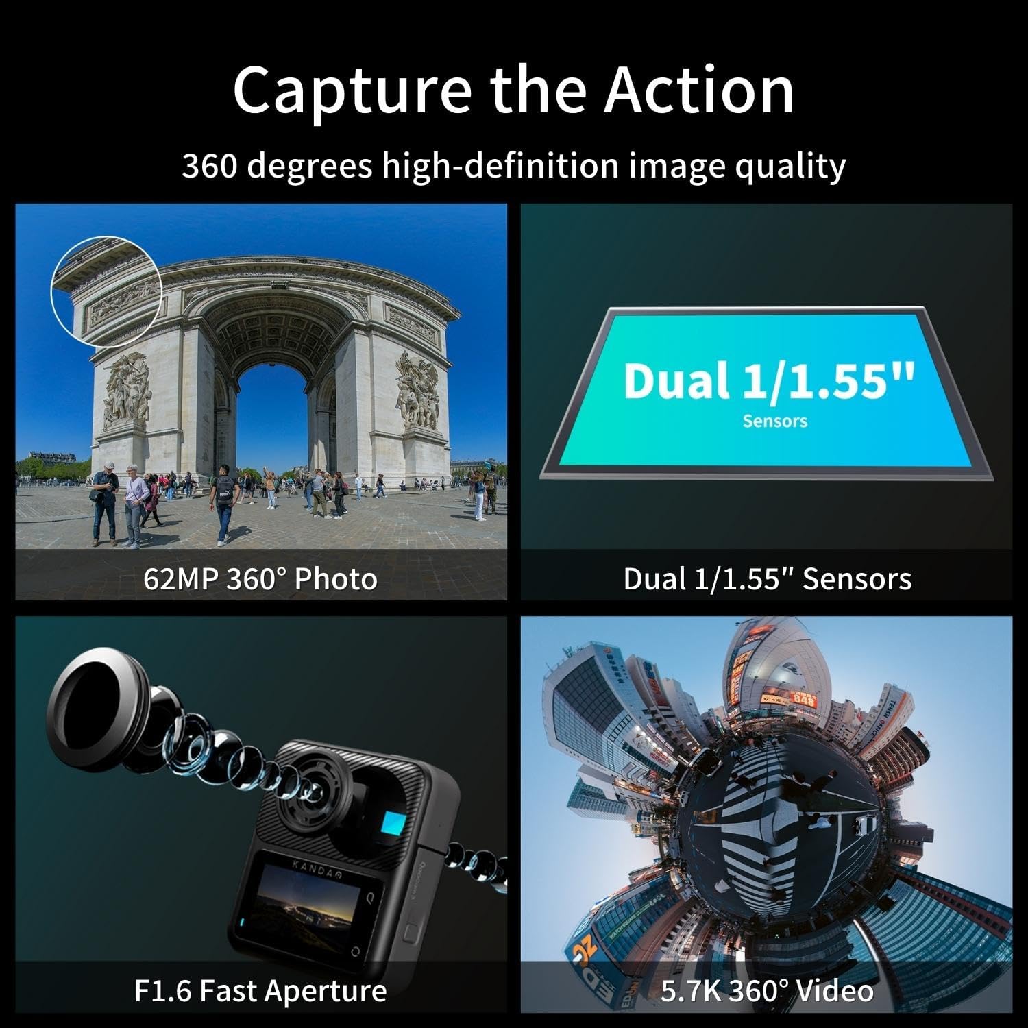 KanDao QooCam 3 Action Camera with Dual 1/1.55" Sensors, 5.7K 30FPS 360 Sports Camera, HDR Video, 62MP Panoramic Photo, DNG8, F1.6 Large Aperture, Stabilization, Waterproof, Superior Night Shot