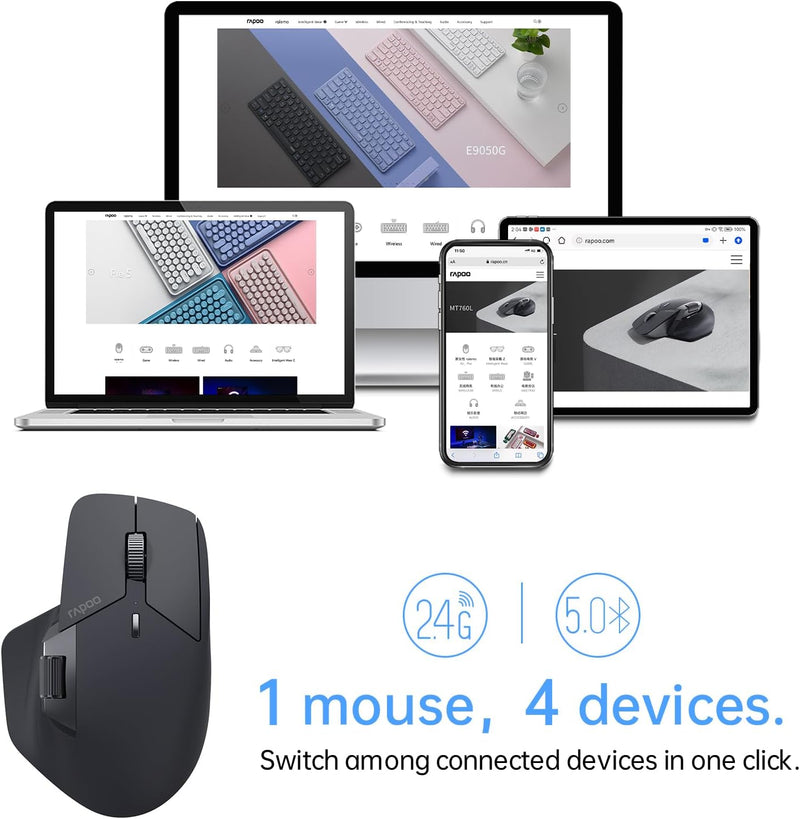 Rapoo MT760 Multi-Device Wireless Mouse, Bluetooth 5.0 and 2.4G Multi-Mode Connection, Up to 4 Devices, 11 Programmable Buttons, 4K DPI, 90 Days Battery Life, PC, Matte Black