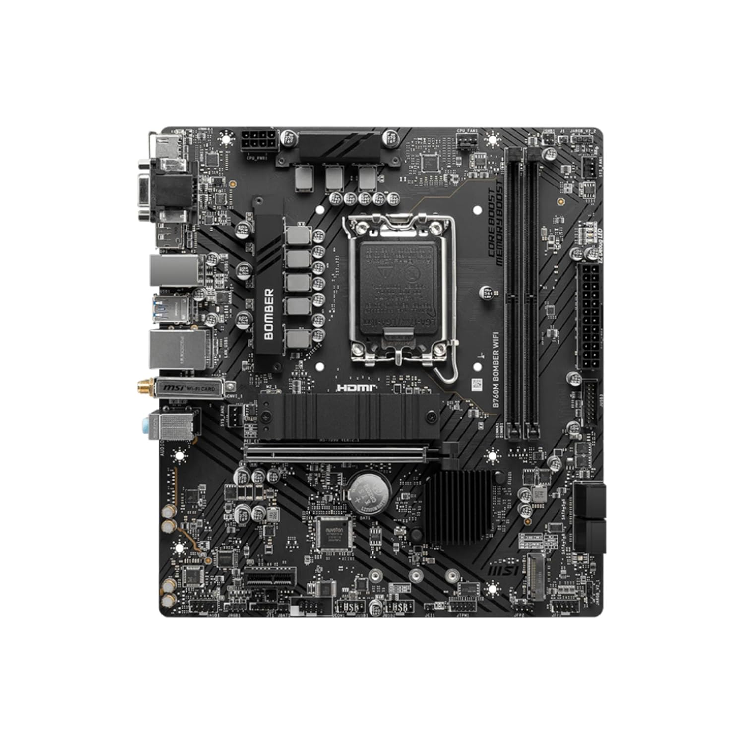 MSI B760M BOMBER WIFI Motherboard, Micro-ATX - Supports 14th/13th/12th Gen Intel Core Processors, LGA 1700 - DDR5 Memory Boost 6400MHz/MAX, PCIe 4.0 x16 Slot, M.2 Gen4 Slot