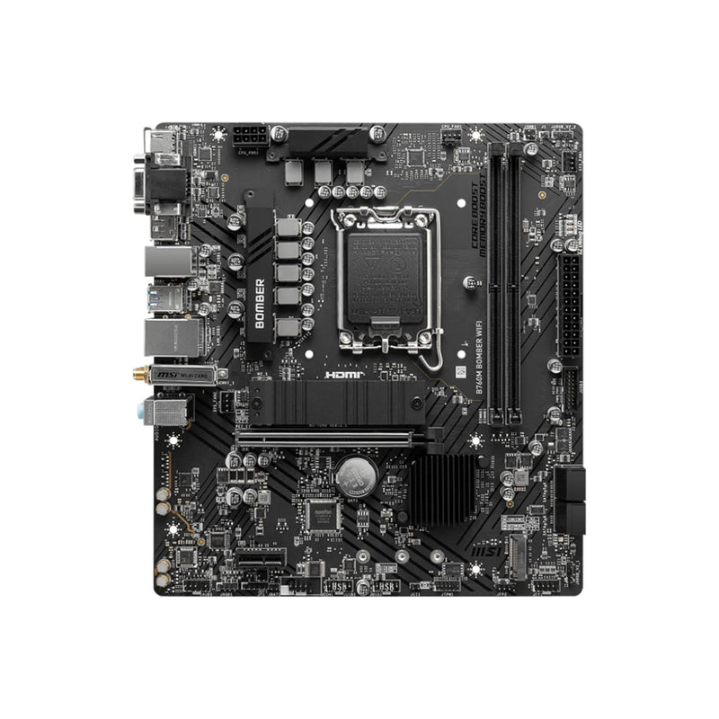 MSI B760M BOMBER WIFI Motherboard, Micro-ATX - Supports 14th/13th/12th Gen Intel Core Processors, LGA 1700 - DDR5 Memory Boost 6400MHz/MAX, PCIe 4.0 x16 Slot, M.2 Gen4 Slot