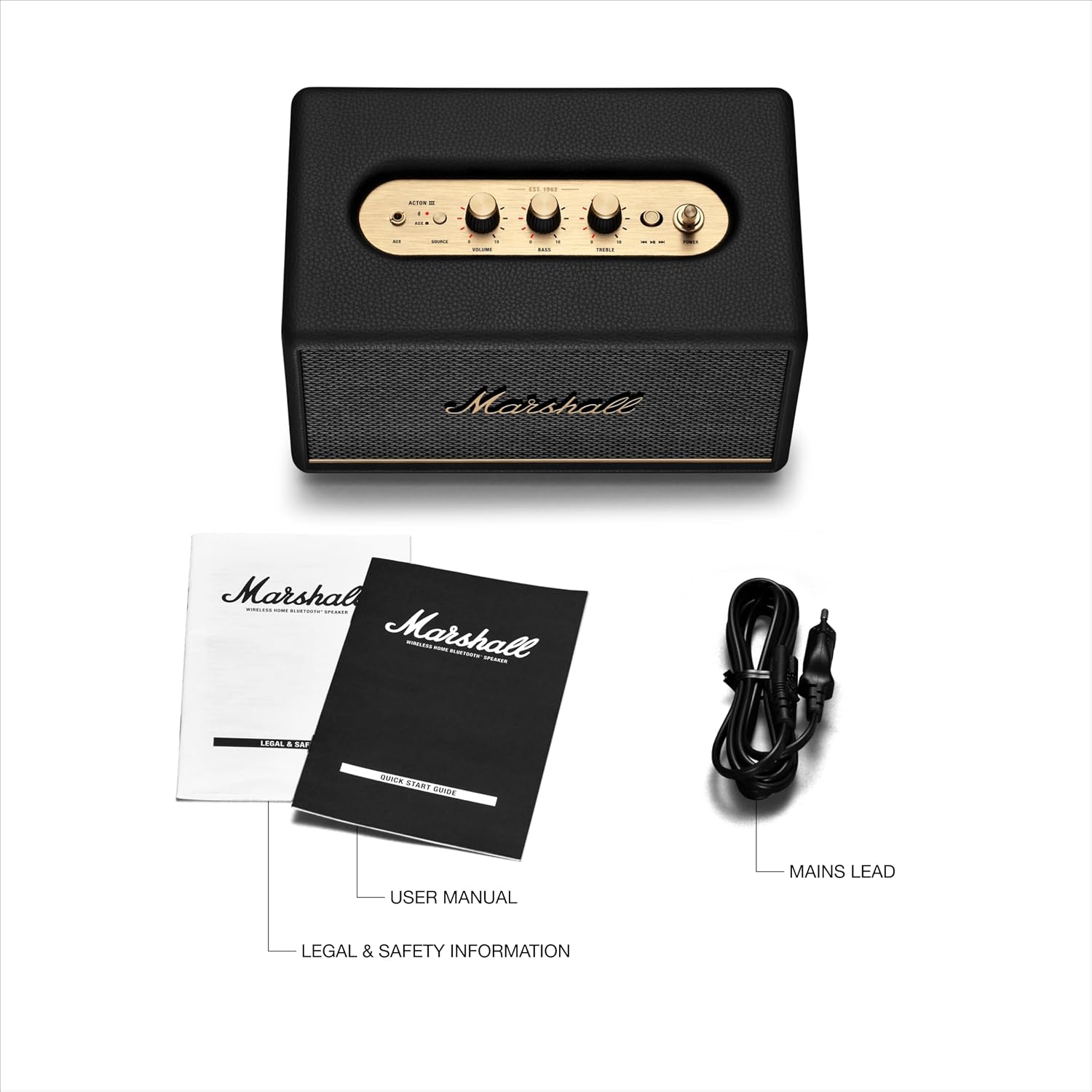 مكبر صوت Marshall Acton III Bluetooth المنزلي - صوت ستيريو عالٍ مع تحكم في الجهير والطبقات العالية، يعمل بالكهرباء، مدخل AUX بحجم 3.5 مم