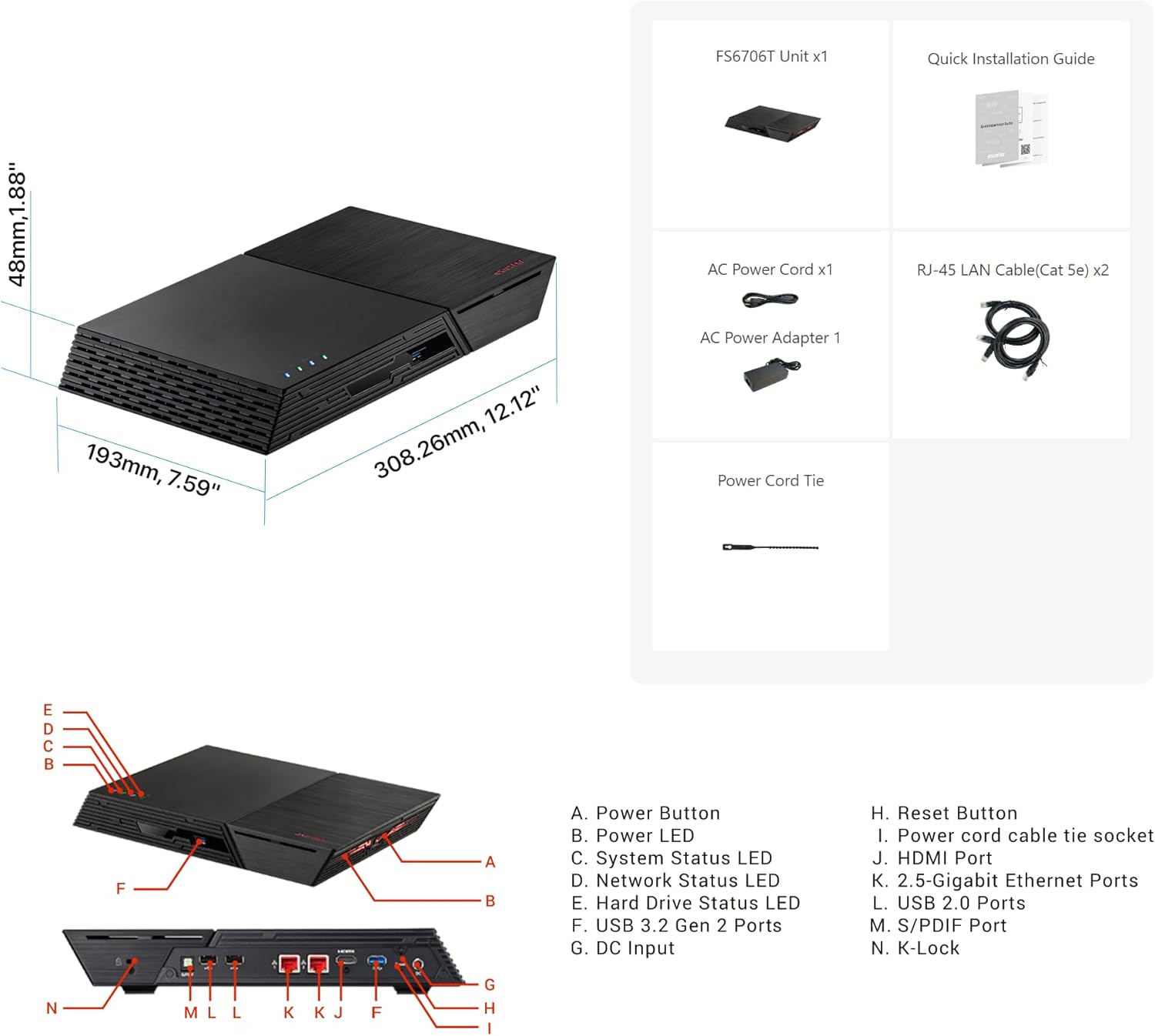 ASUSTOR Flashstor 6 (FS6706T) – جهاز تخزين شبكي (NAS) بست فتحات SSD فقط مع معالج Intel Celeron N5105، وذاكرة DDR4 بسعة 4GB، ومنفذين 2.5GbE، وHDMI 2.0b، وS/PDIF، ودعم تحويل الفيديو بدقة 4K