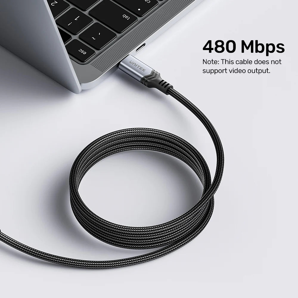Unitek 240W USB-C PD 3.1 Charging Cable – 2M Nylon Braided - E-Marker Chip - 480Mbps Data Transfer - Compatible with Laptops - Tablets - Smartphones