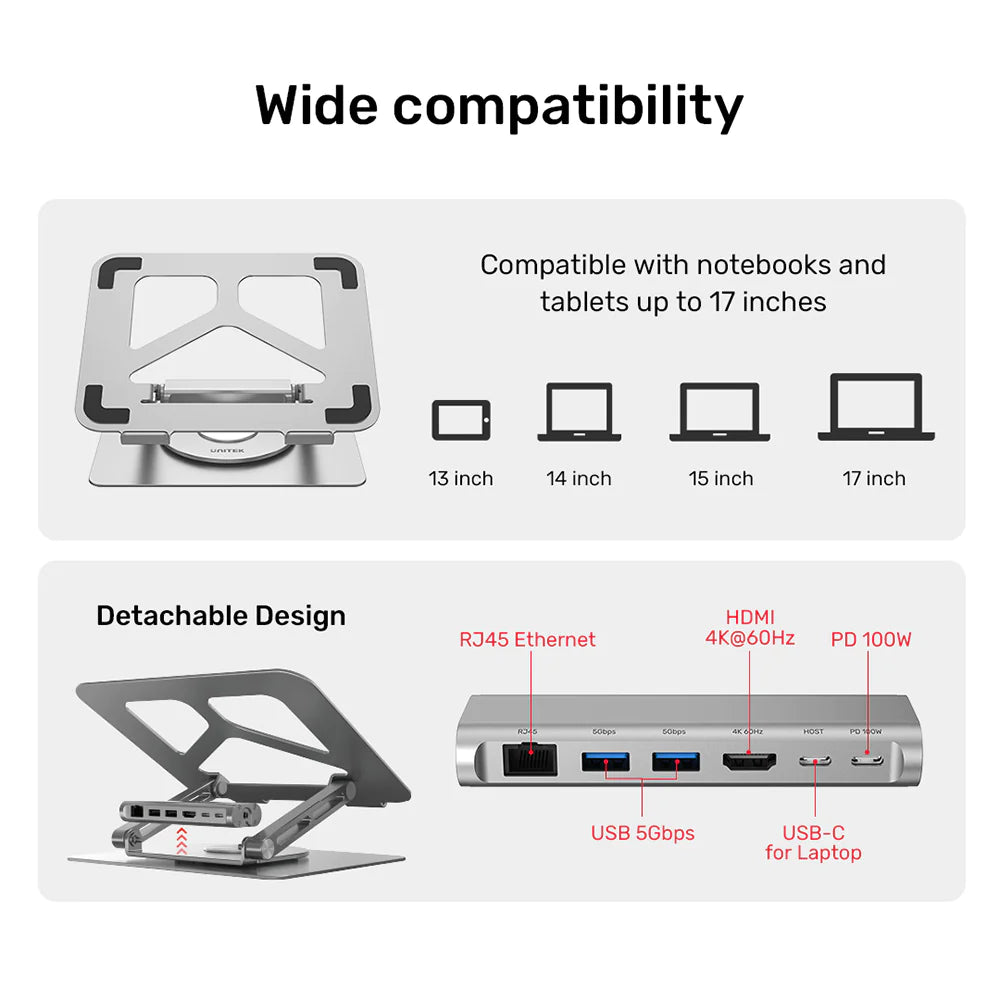 تجمع محطة إرساء الكمبيوتر المحمول USB-C من UNITEK بين وظائف قاعدة الكمبيوتر المحمول وحامل الكمبيوتر المحمول